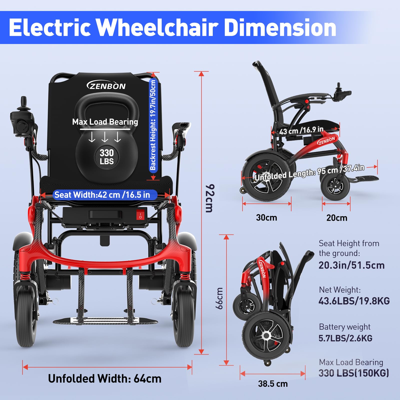 Fauteuil roulant électrique pliable en carbone 19,8 kg : 25 km fauteuils roulants électriques pour tous les terrains jusqu'à 150 kg