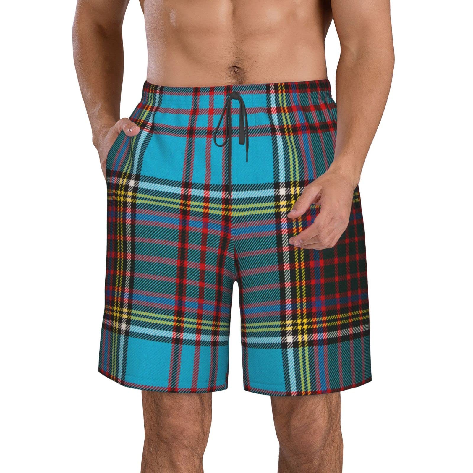 JUZGTSIT Men's 3D Swimming Beach Shorts Anderson Modern Tartan Outdoor Quick Drying Shorts White