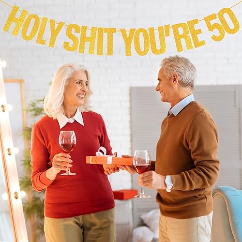 Miniatura 6 de Cartel brillante de decoración de cumpleaños para mujeres y hombres, con purpurina dorada "Holy You're 50", decoración de fiesta de cumpleaños
