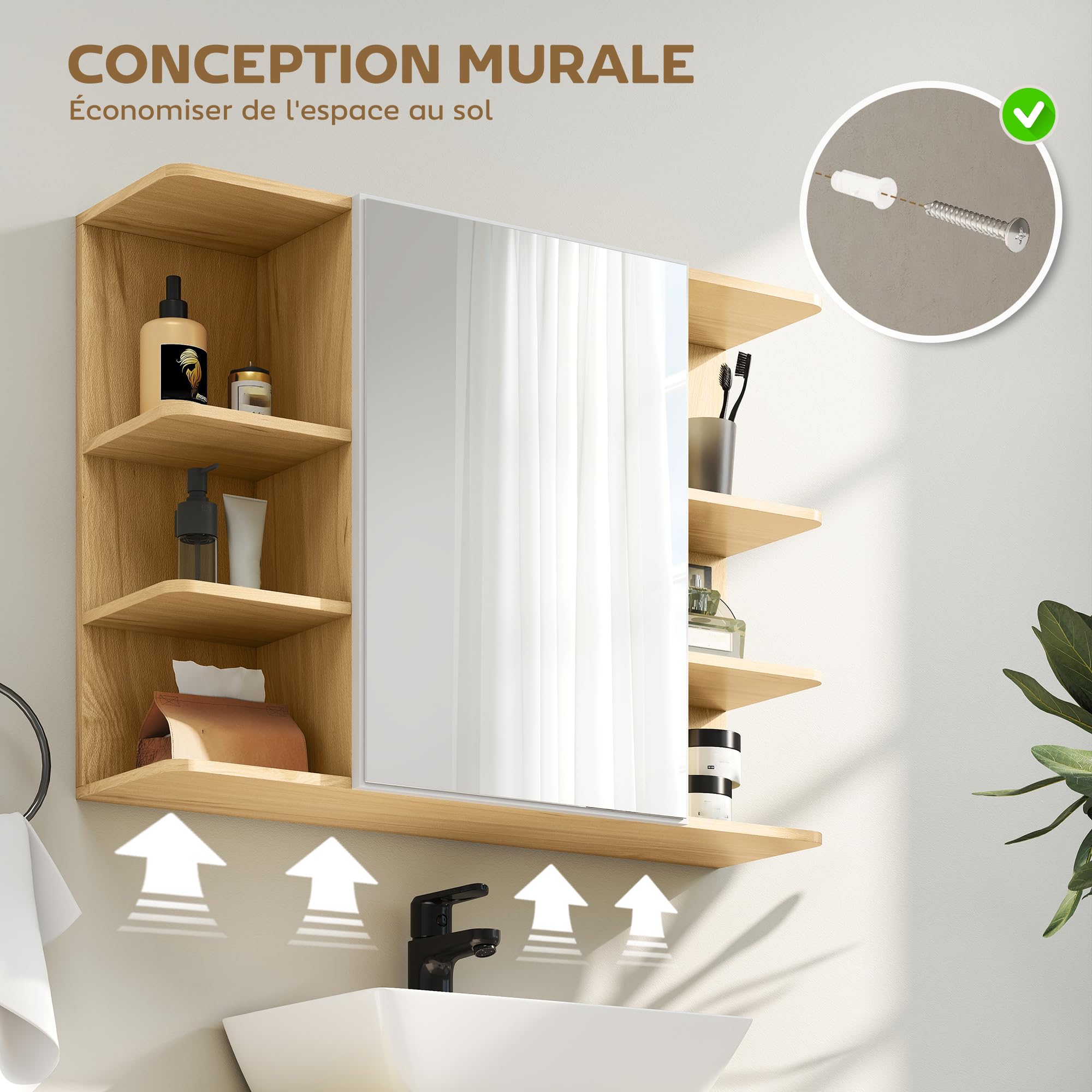 HOMCOM Armoire Murale Salle de Bain avec Miroir, Meuble Salle de Bain, Armoire de Toilette avec étagères Ouvertes, Miroir avec Rangement, 80 x 20 x 59 cm, Effet Bois Naturel
