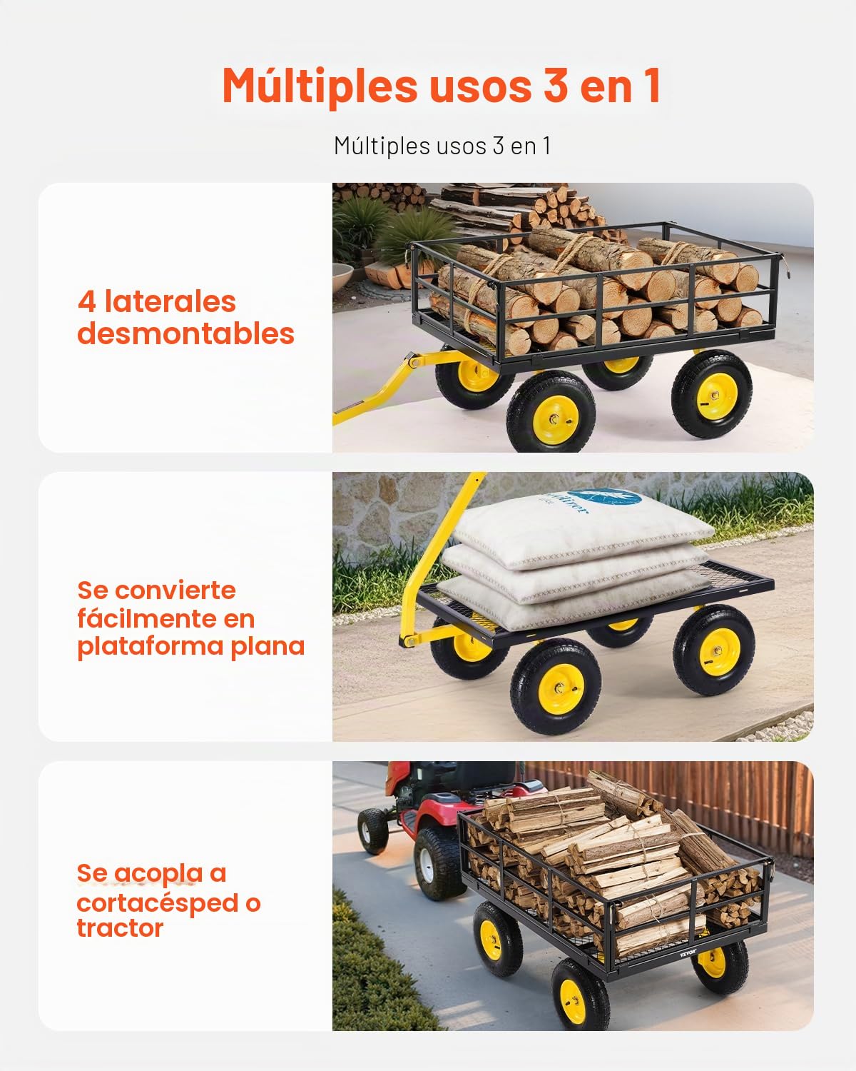 VEVOR 2 en 1 Carrito de Jardín de Acero de 2125 x 750 x 670 mm con Neumáticos Todoterreno de 13", Laterales de Malla Extraíbles y Manija Giratoria de 180°, Carga de 544,31 kg, Amarillo y Negro