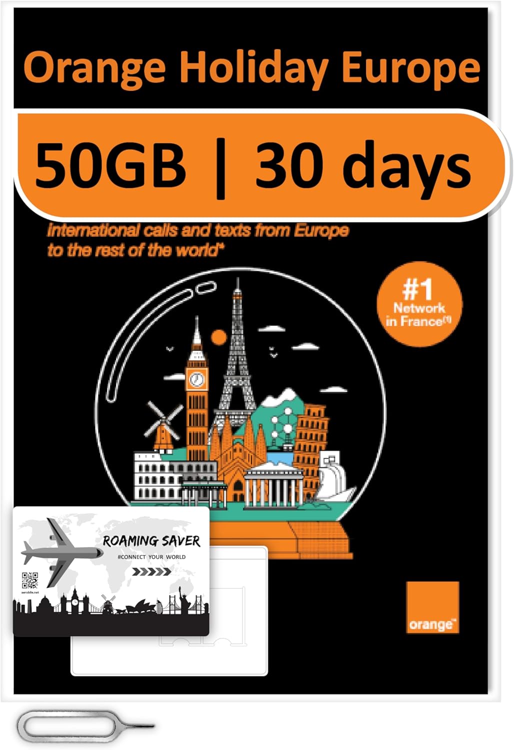 Orange Holiday Europe Prepaid Sim 50GB Internet Data | 30 Days-Use | Data tethering Allowed | 120min & 1000 SMS from Europe to Any Country Worldwide+1 Sim Card Holder+1 Pin