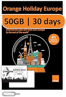Orange Holiday Europe Prepaid Sim 50GB Internet Data | 30 Days-Use | Data tethering Allowed | 120min & 1000 SMS from Europe to Any Country Worldwide+1 Sim Card Holder+1 Pin