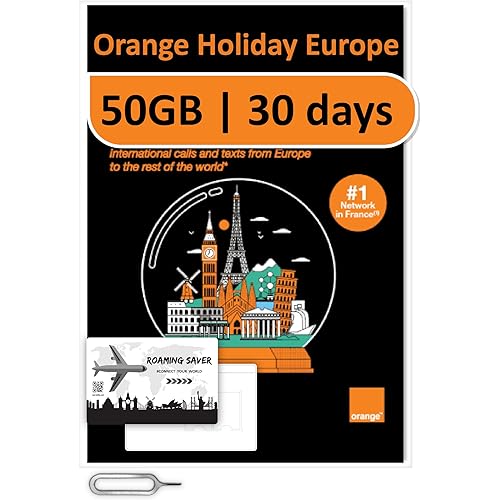 Orange Holiday Europe Prepaid Sim 50GB Internet Data | 30 Days-Use | Data tethering Allowed | 120min & 1000 SMS from Europe to Any Country Worldwide+1 Sim Card Holder+1 Pin