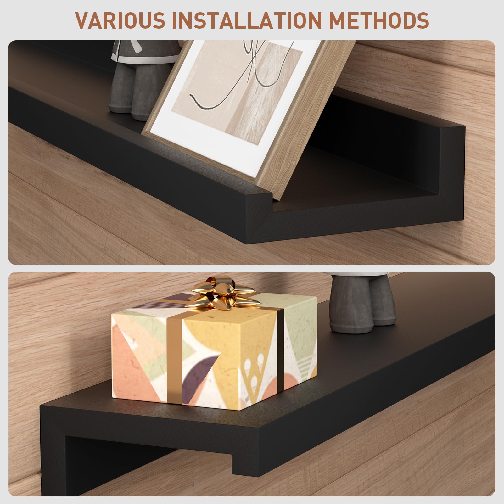 Liggue Floating Shelves Wall Mounted Set of 2, 35 Inch Black Photo Ledge Shelf Wood Picture Shelf for Bedroom, Living Room, Bathroom, Kitchen