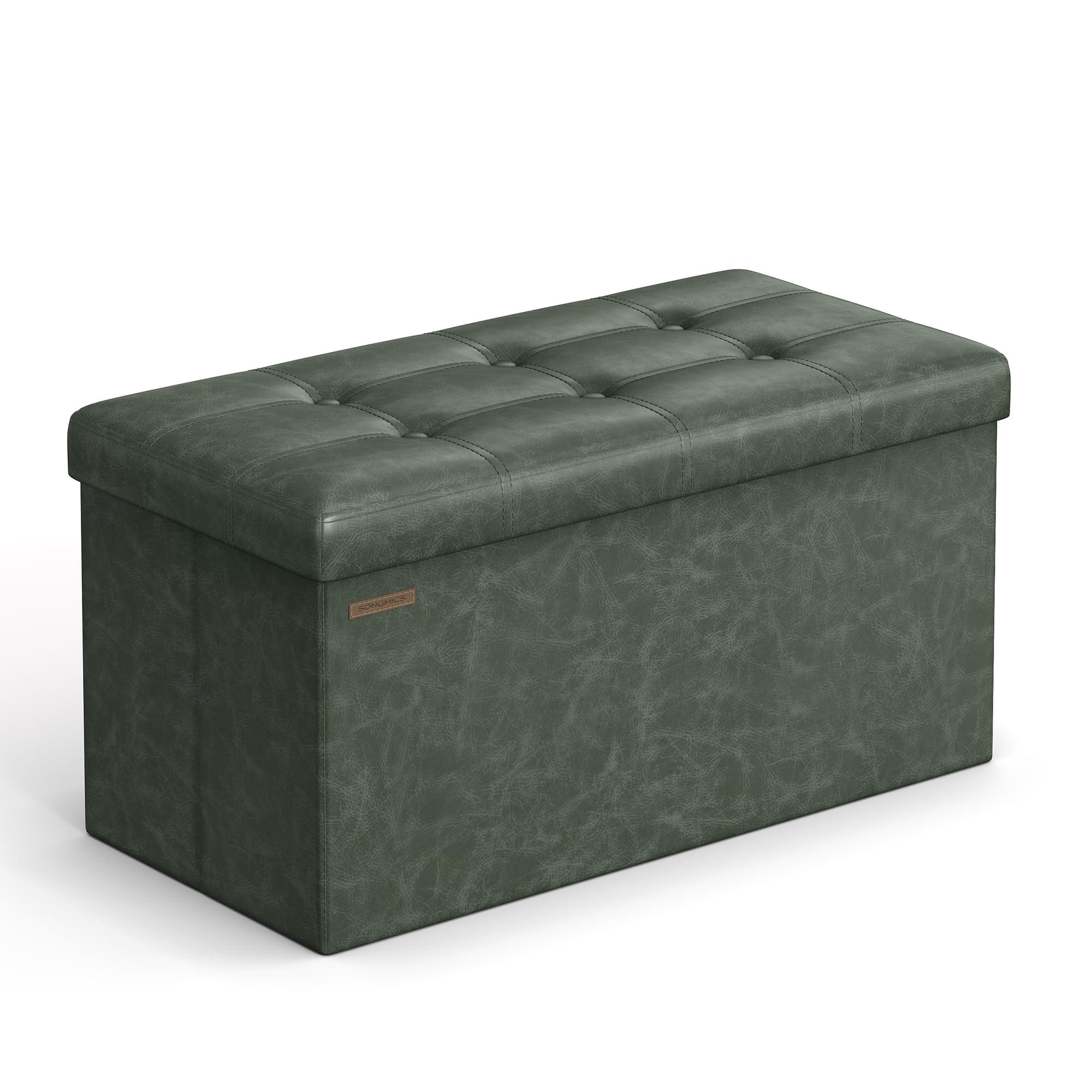 SONGMICS Mazie Collection - 30 Inches Folding Storage Ottoman Bench, Ottoman with Storage, Foot Rest Stool, Load 660 lb, for Living Room, Synthetic Leather, Forest Green ULSF040C01