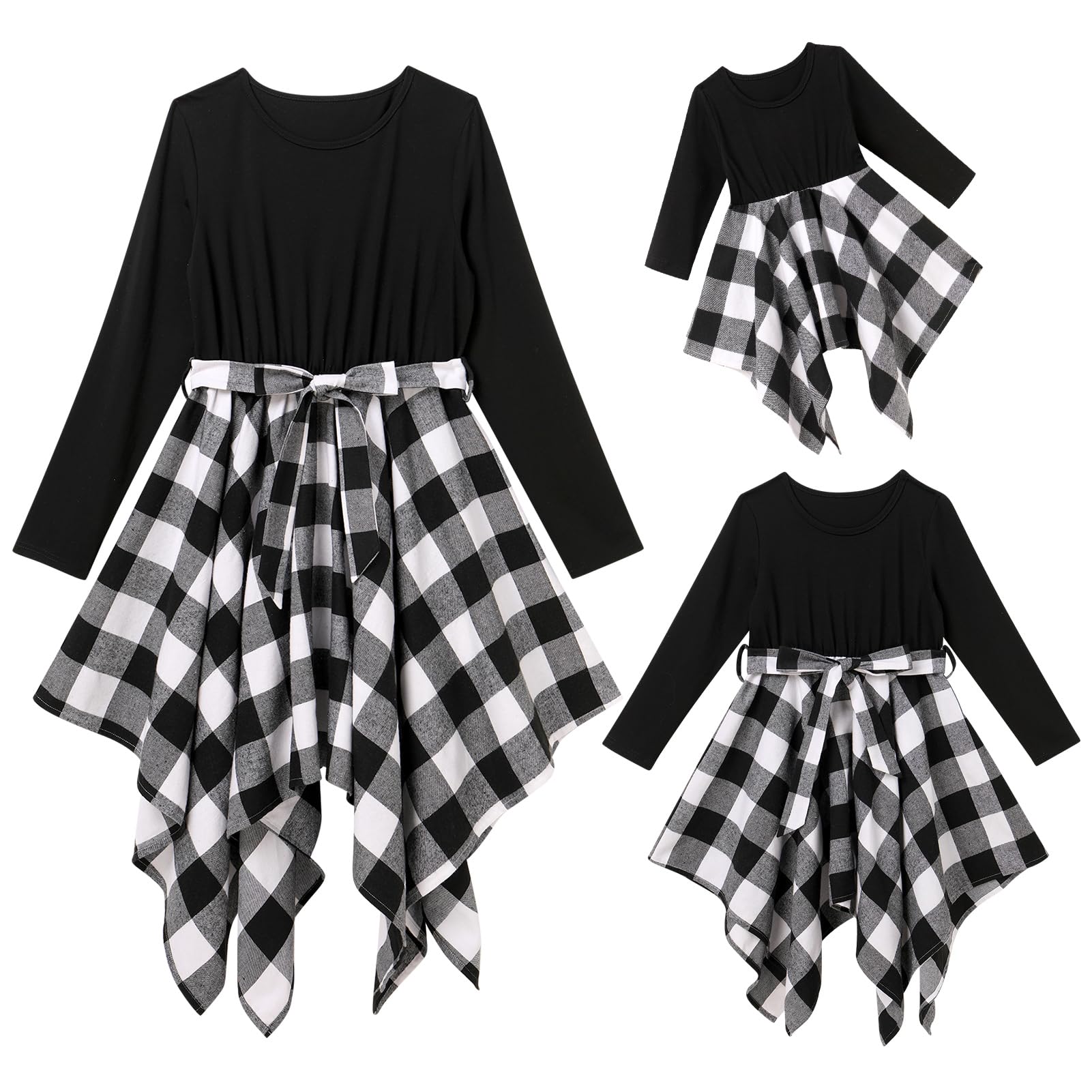 Mommy and Me Christmas Dresses Green Red Black Buffalo Plaid Dress Long Sleeve Fall Winter Santa Claus Xmas Holiday Gingham Mom Daughter Matching Outfits Photoshoot Black White Checkered 9-12 Months