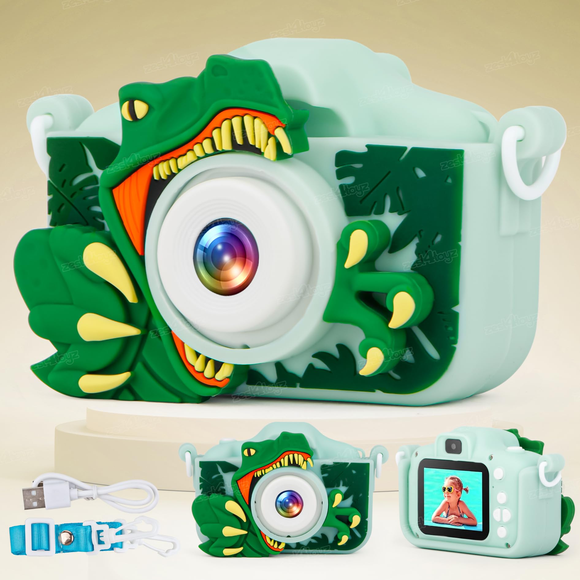 Zest 4 Toyz Kids Camera for Girls HD 1080P 2.0 Screen Digital Camera for Kids Selfie Video Camera with Inbuilt Games Toy with USB (Dinosaur Design)