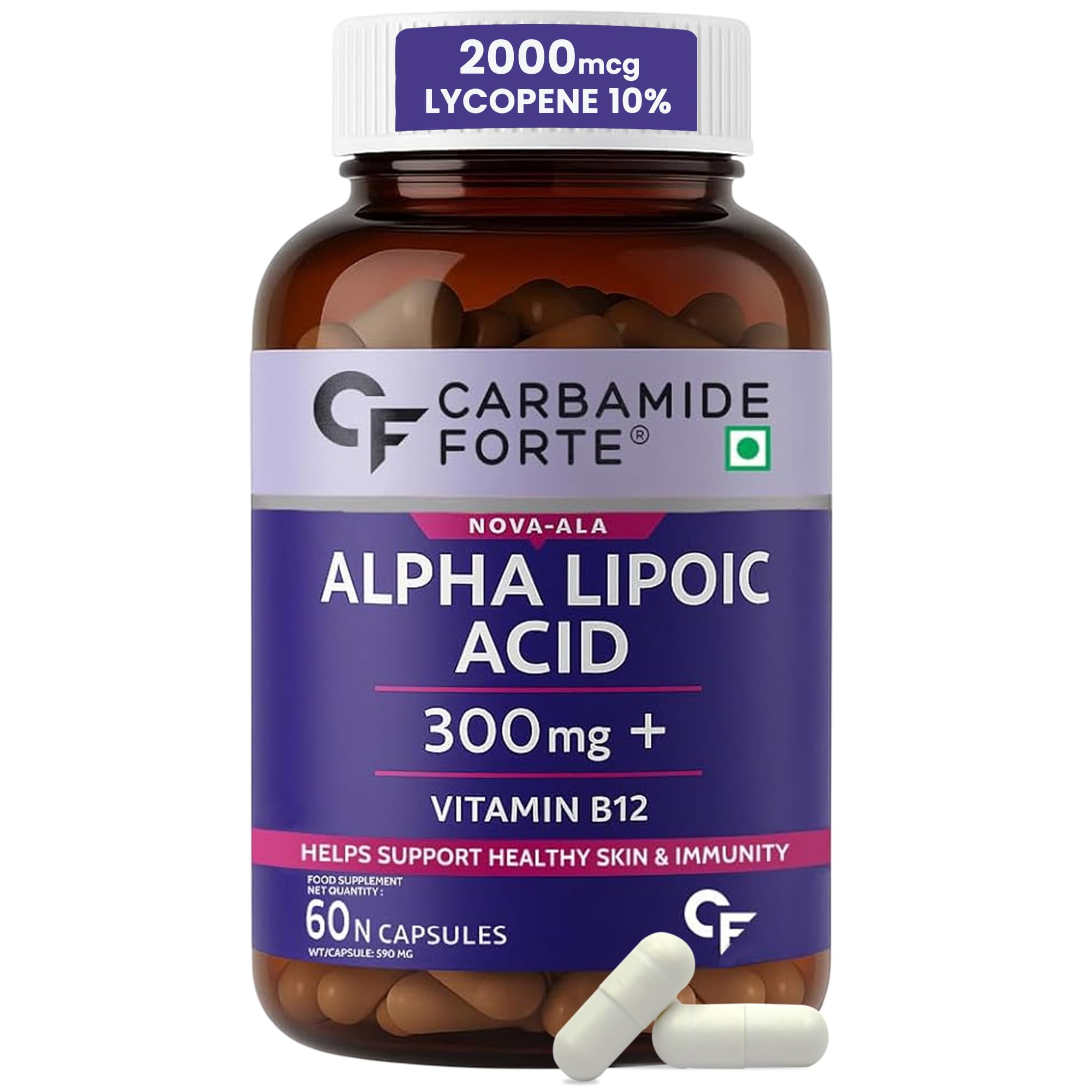 Carbamide Forte Alpha Lipoic Acid 300mg - ALA Capsules with Vitamin B12 & Lycopene | ALA Supplement | Supports Healthy Skin & Immunity - 60 Veg Alpha Lipoic Acid Capsules