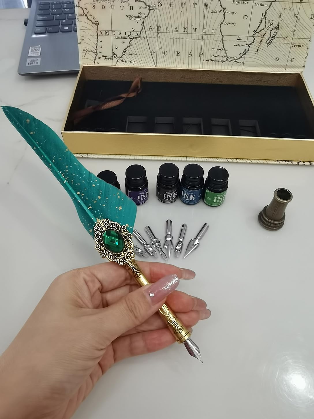 LSFCHYBY Gemstone Quill Pen and Ink Set,Feather Pen Ink Set, Wax Seal Stamp Set - Image 2