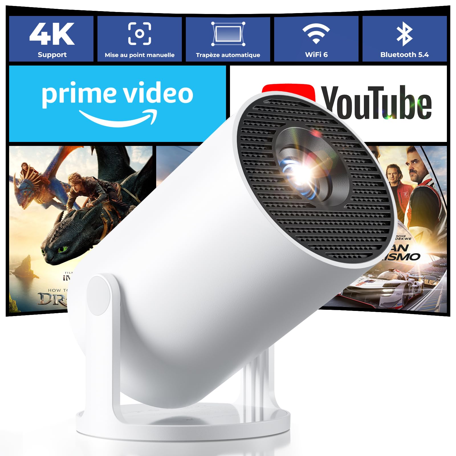 [App intégrée & Auto Keystone] Vidéoprojecteur 4K Supporte 20000 Lumens 2026 Mini Projecteur Portable avec Android TV WiFi 6 Bluetooth 5.4 Rotation 180° pour HDMI/USB/TV Stick/Smartphone/Laptop