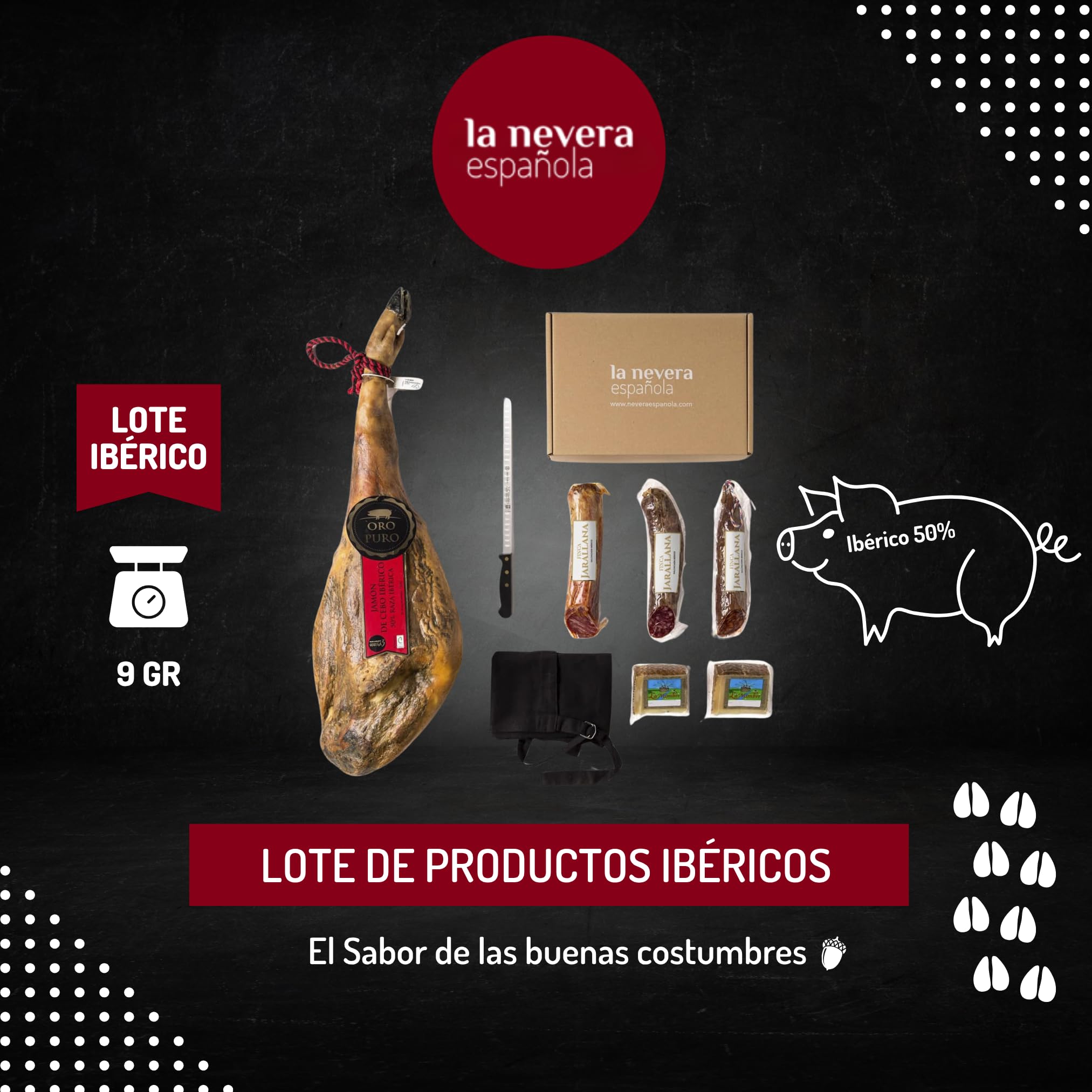 La Nevera Española - Lote Ibérico de Jamón Oro Puro, Chorizo, Lomo, Salchichón y 2 Cuñas de Queso de Oveja - Productos Nacionales - Delantal de Regalo