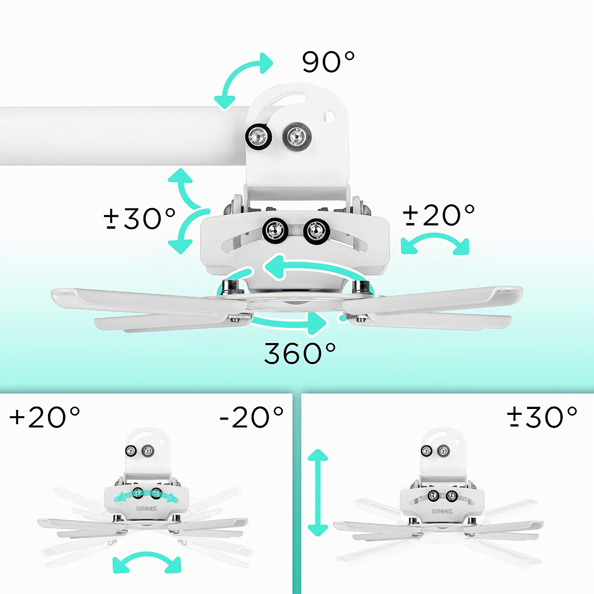 Duronic PB06XL Soporte para Proyector de Techo y Pared, Extensible 22-83cm, Universal, Giratorio 360º, Totalmente Articulable, Carga Máx 13.6kg, Cine en Casa, Videojuegos, Presentaciones, Color Blanco