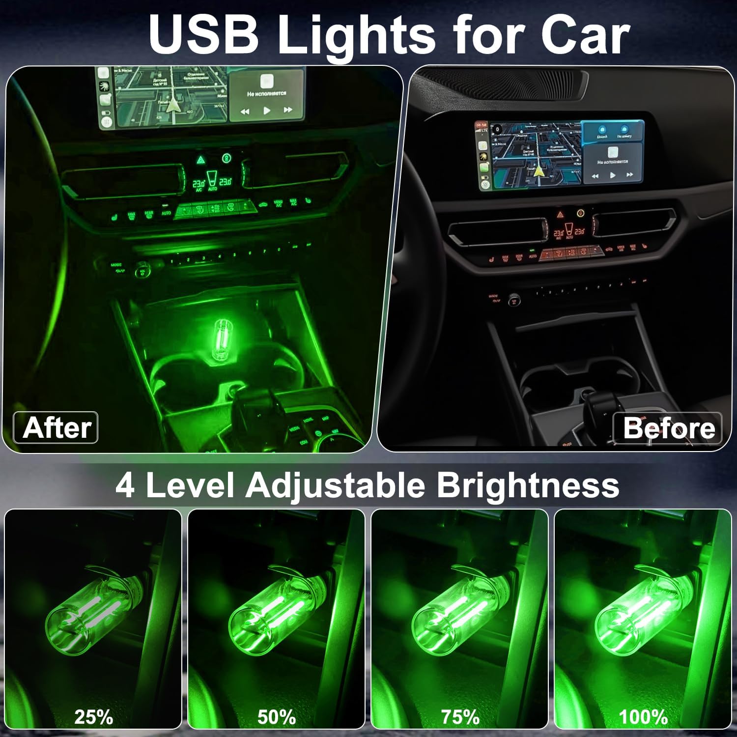 2PCS USB Lights for Car, Touch Dimmable Retro Car Lamp Interior LED Ambient Lighting, Portable Mini Glass Bottle LED Bulb Night Light for Vehicle Bedroom Hallway Camping Holiday Decoration (Green)