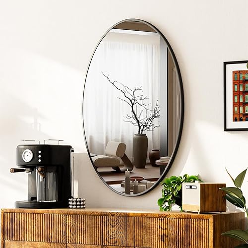 Miniatura 6 de VooBang Espejo de baño ovalado negro, 24 x 32 pulgadas, moderno espejo ovalado montado en la pared con vidrio templado para colgar horizontal o