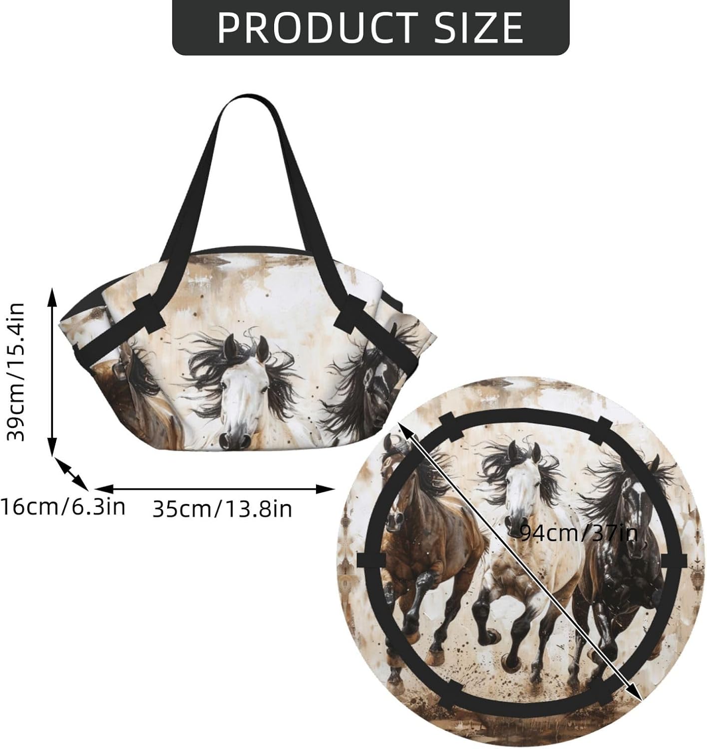 Foldable Horses Running Art Print 2-in-1 Portable Picnic Blanket Tote Bag Outdoor Camping Beach Park Mat