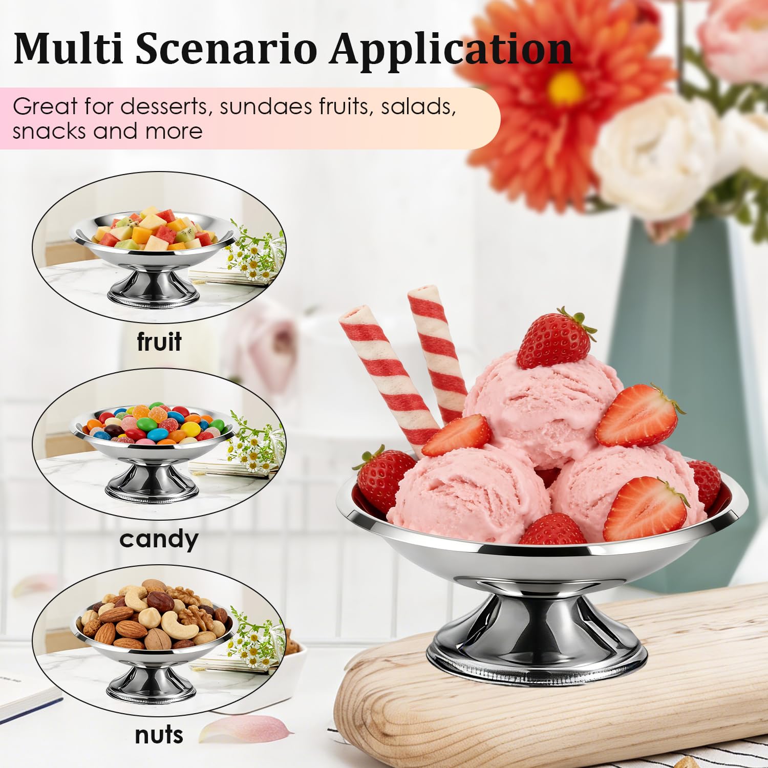 Tissting Ciotole per gelato con forchetta, coppe da dessert in acciaio inossidabile set da 4, ciotole da portata in metallo per budino, insalata e gelato, stoviglie da per uso domestico (10CM)