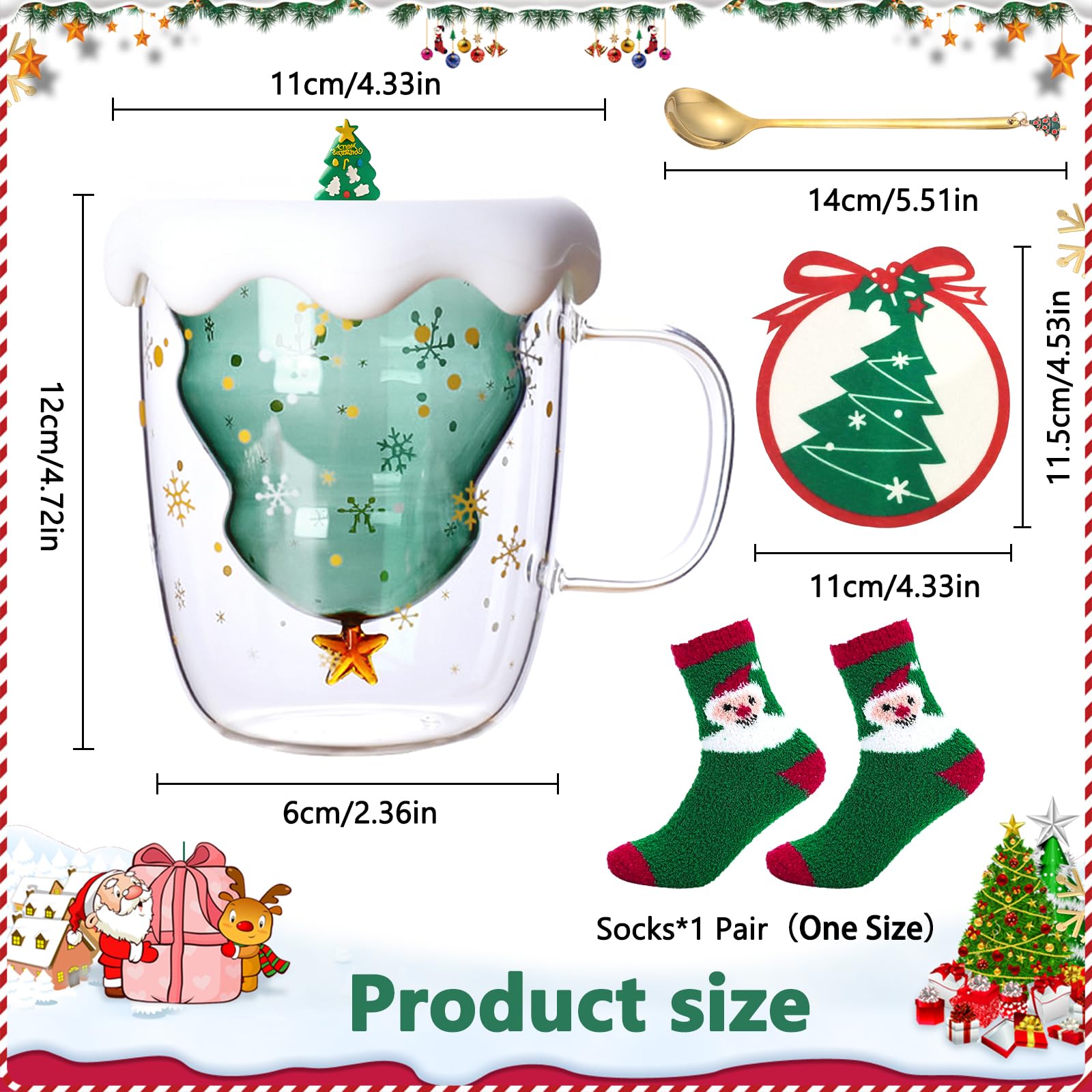 Tazza Di Natale A Doppia Parete Con Albero - Vetro Borosilicato 300ml, Include Coperchio, Cucchiaio E Calzini, Regalo Perfetto