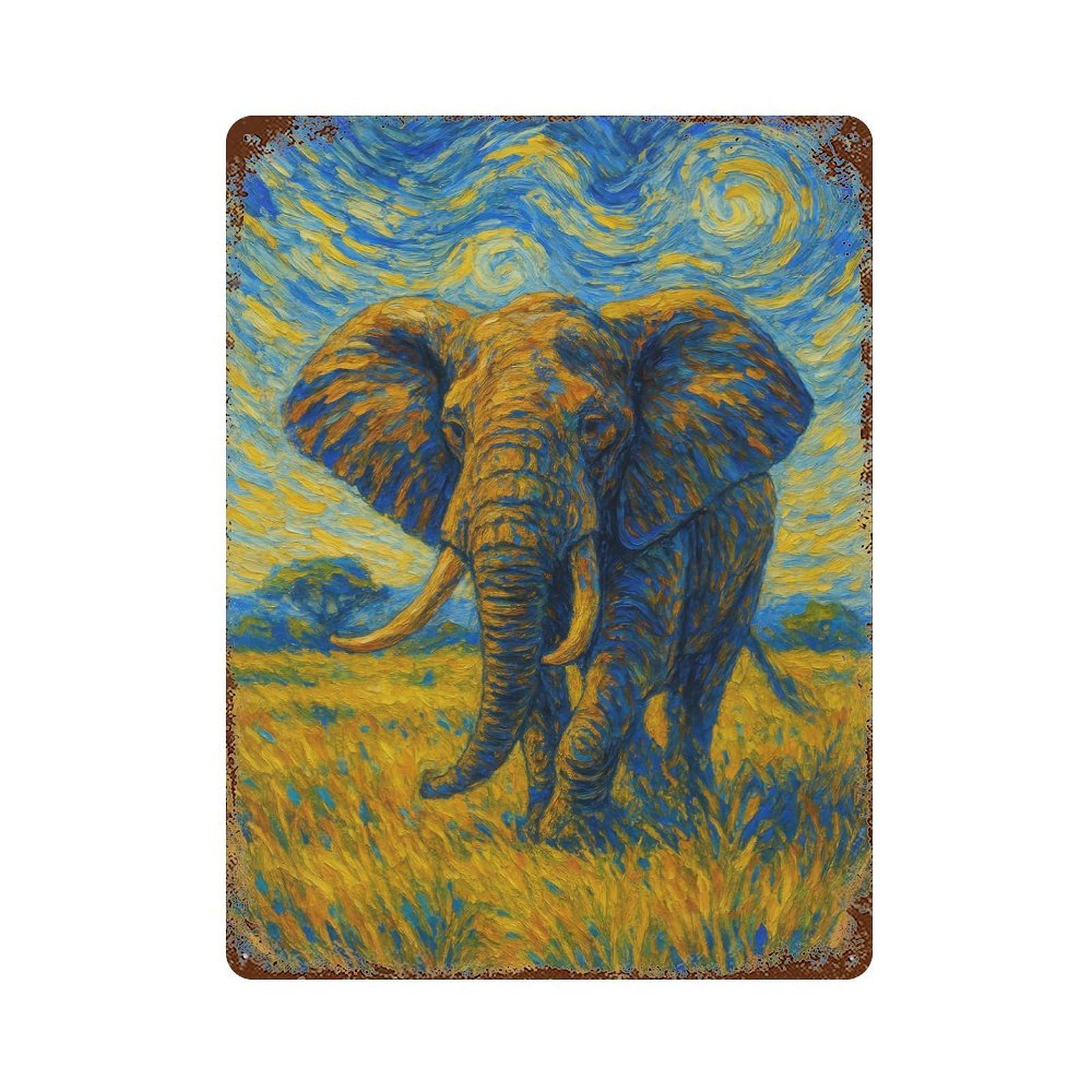 Rust Effect Tin Sign with Elephant in Starry Night Style Design 15.7"x11.8", for Pub, Kitchen And Man Cave Decor, Industrial Home Decor