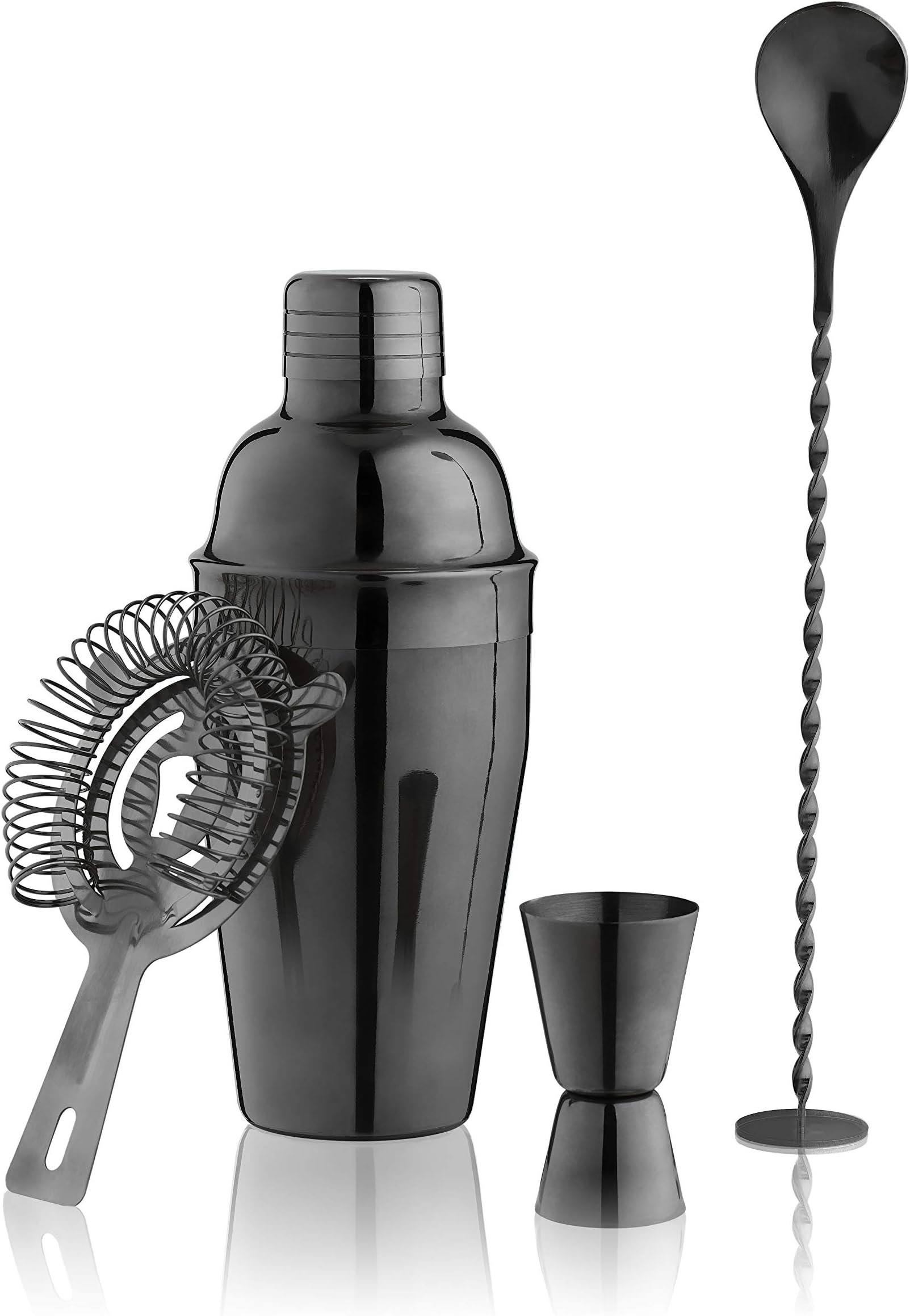 True 4-Piece Cocktail Shaker Set Includes Cobbler Shaker, Strainer, Jigger, Bar Spoon for Classic Cocktails, Mixed Drinks, Cold Brew, Home Bar Tools, Bartender Gifts, Bar Cart Accessories, Black