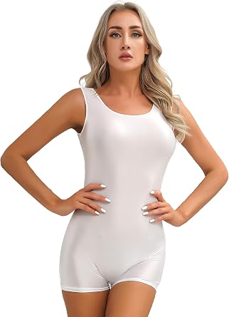 Womens Glossy Silk Short Jumpsuit Yoga Rompers Translucent U Neck Yoga Sport Bodysuits