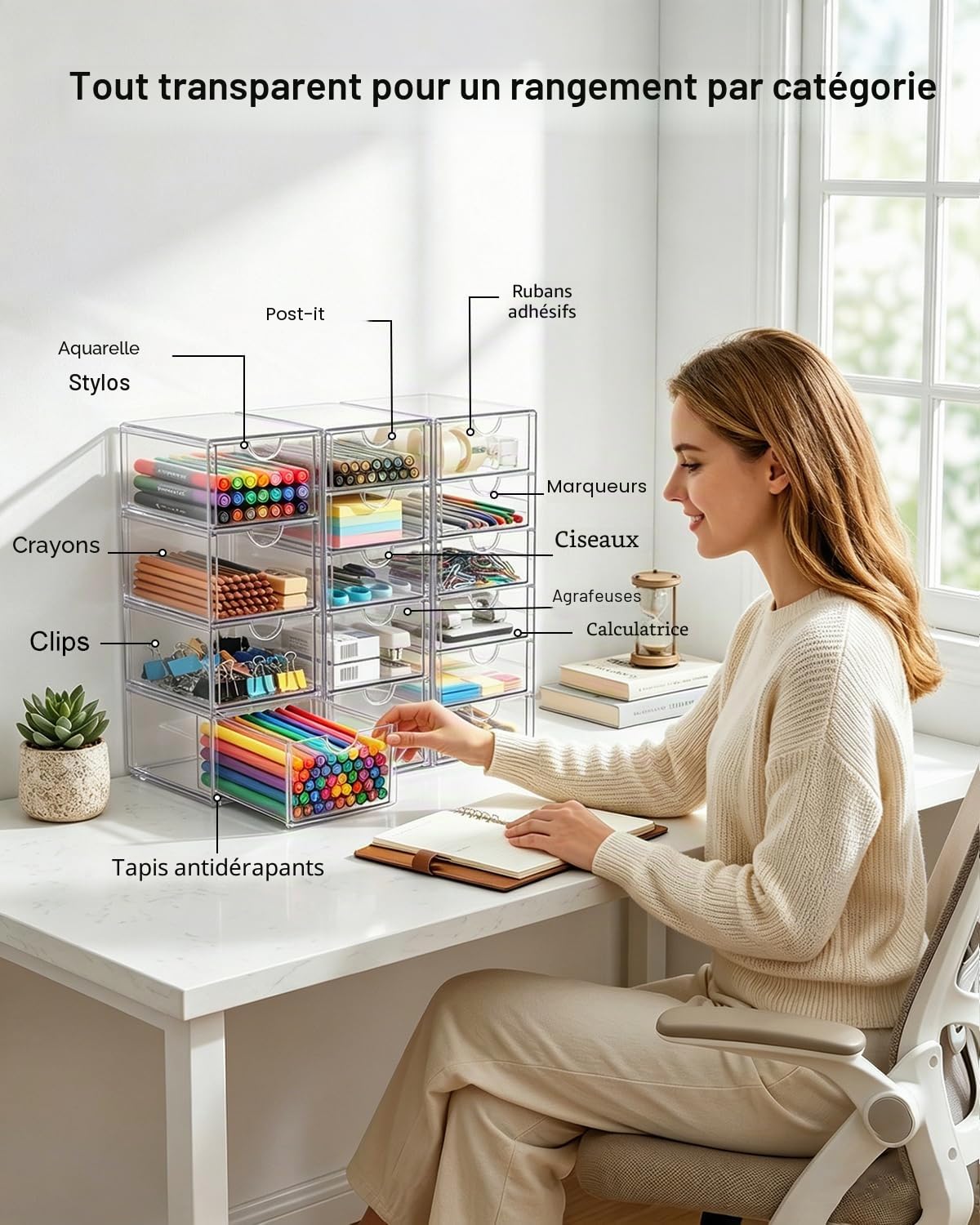 GoMaihe Organisateur de Maquillage 15 Tiroirs, Lot de 3 Rangement de Bureau Transparent Antipoussière