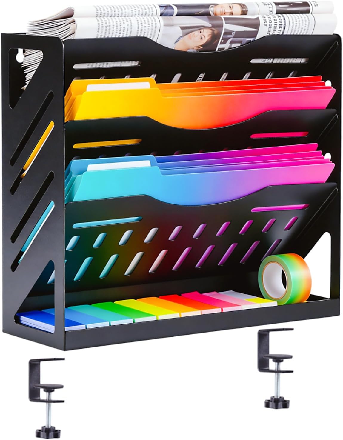 Yuxh Clamp Desk File Organizer 4-Tier Wall Mail Holder All-Metal Hanging Paper Rack Black Office Bills Storage with Bottom Tray, Clip on Table Vertical Folder Shelf 13", Stable without Shaking