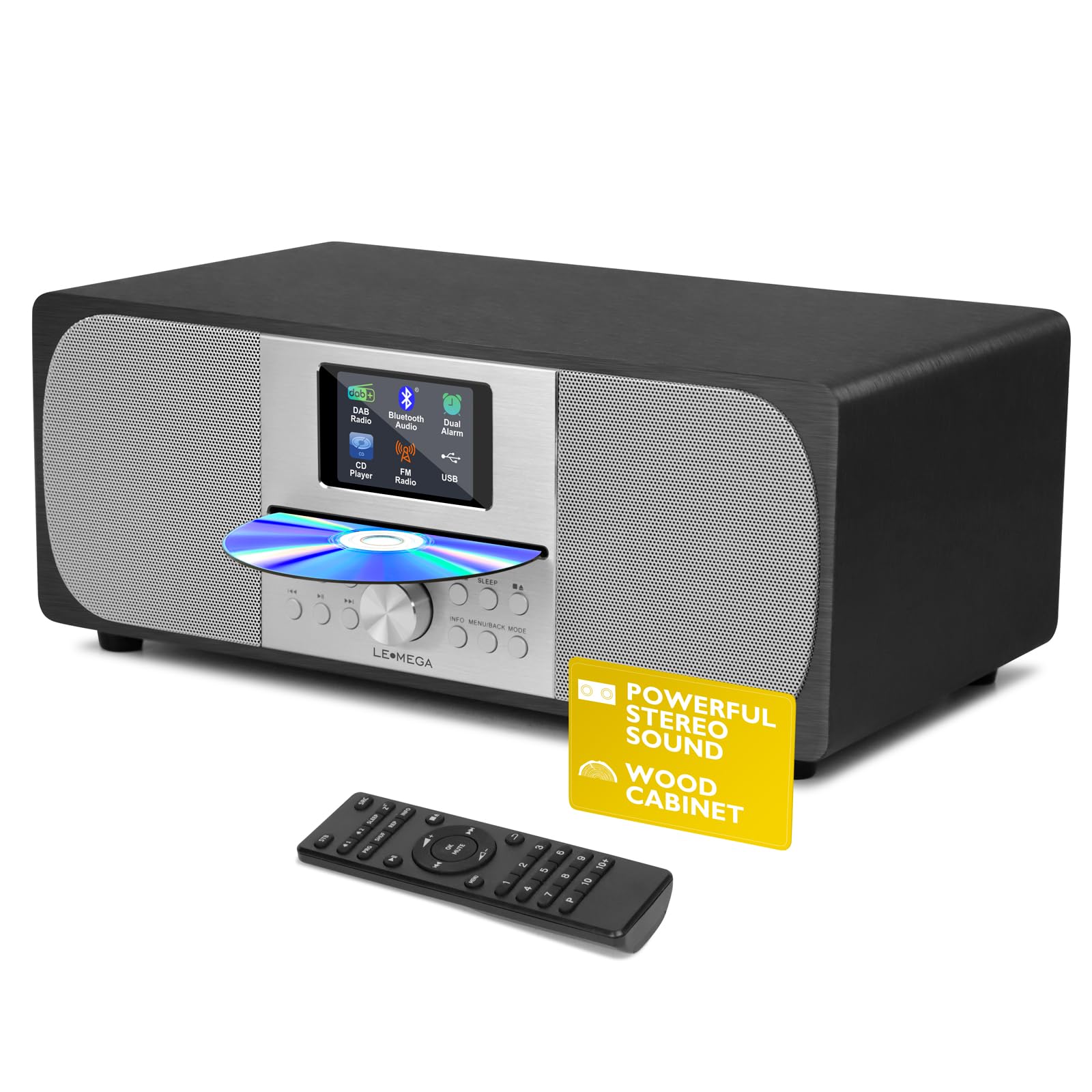 LEMEGAMSY6 CD Player With DAB+ and FM Radio | HIFI System | Bluetooth | Powerful Stereo System | Acoustic Wood Cabinet | 100W Speakers | 40 Presets | Headphone Jack