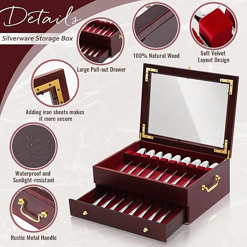 Miniatura 3 de Novabright Caja de almacenamiento de cubiertos de madera, caja de cubiertos con tapa de vidrio, organizador de cubiertos con asa forrada de fieltro