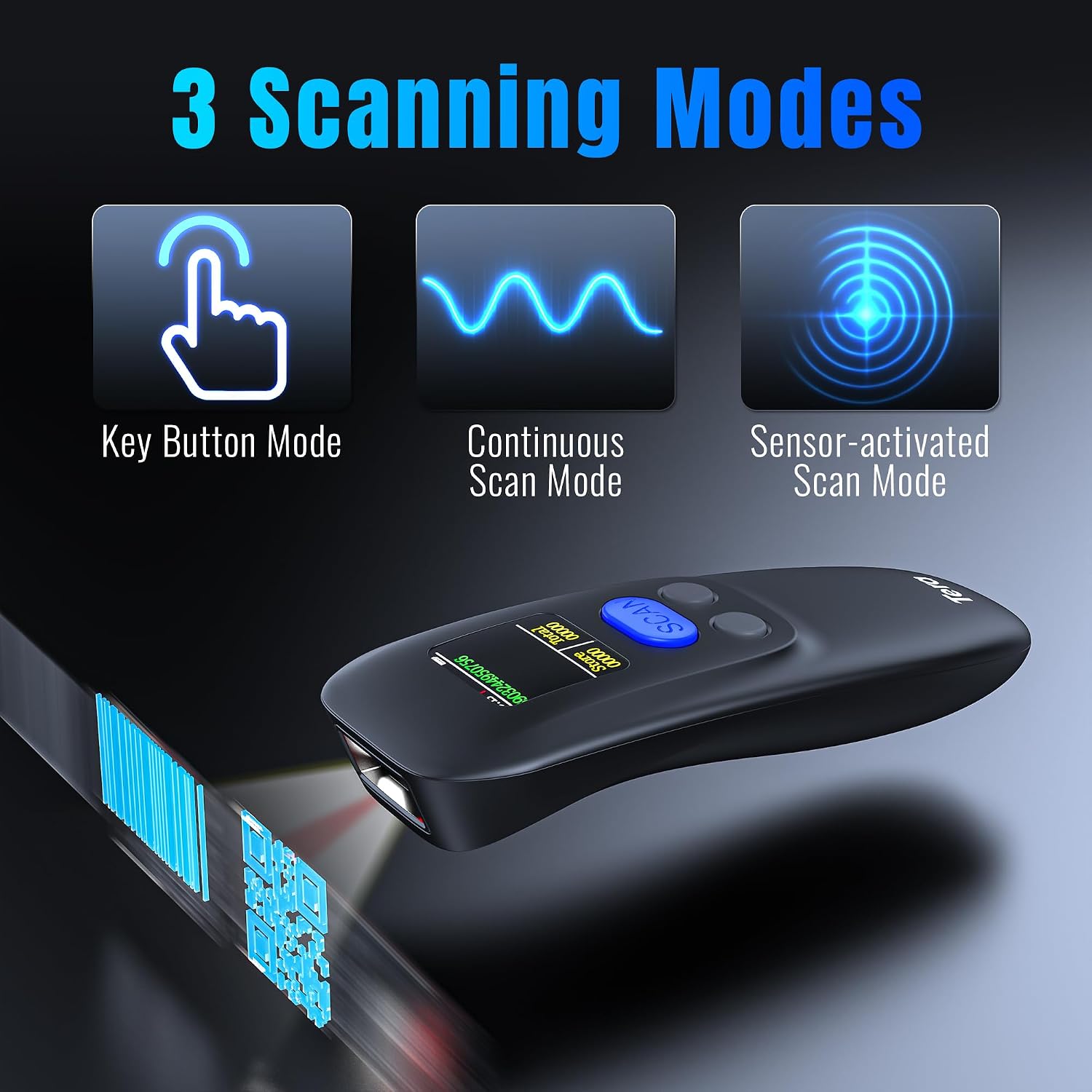 Tera 2D Barcode Scanner Wireless: BT 2.4G USB 1.4" Screen Portable 1600 | 3 Buttons for Easy Screen Setup, 1200mAh, Charging Cradle, 640*480 CMOS Global, 1D 2D QR Scanner, Retail School Library, Blue