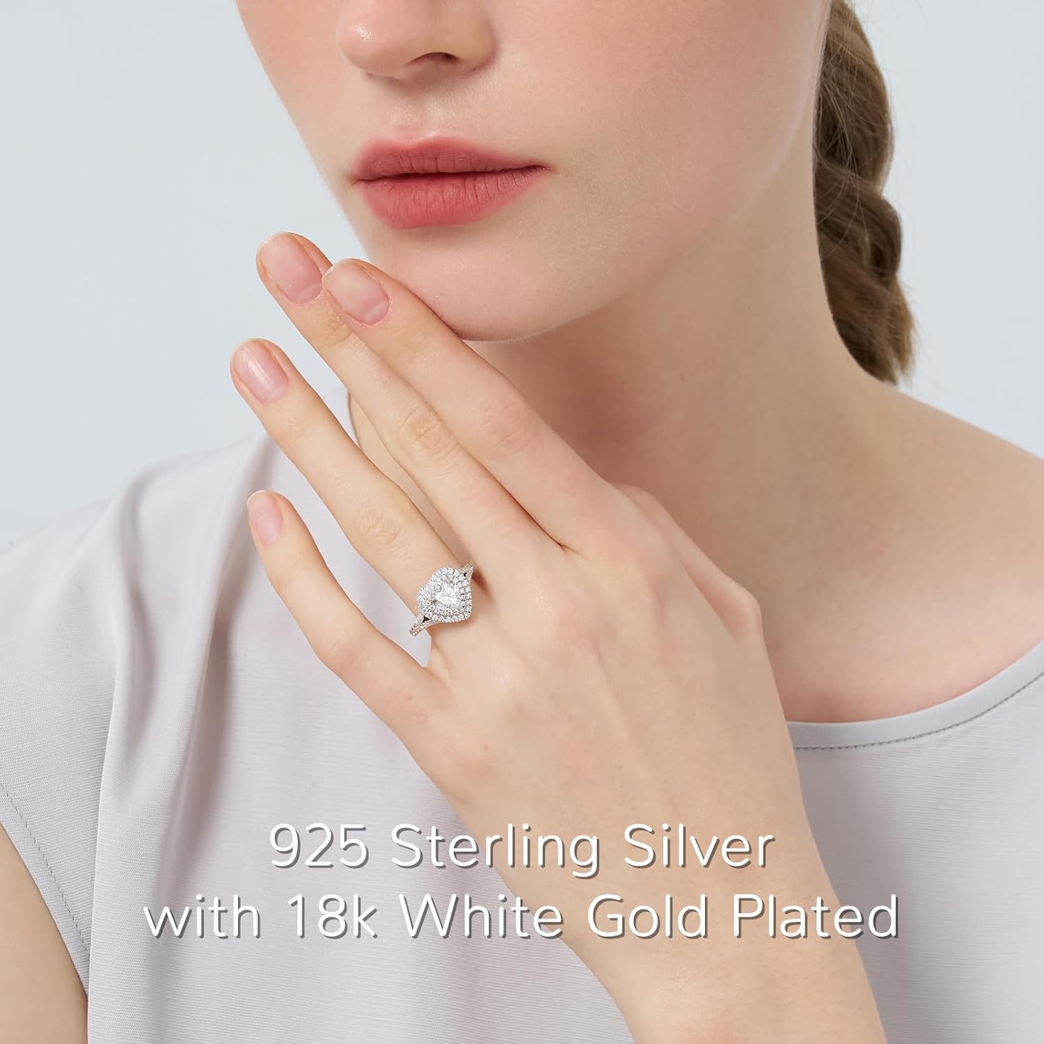 1.6CT Moissanite Heart Shaped Engagement Ring for Women D Color VVS1 Double Halo Wedding Ring S925 Sterling Silver with 18K White Gold Plated Genuine Moissanite Promise Ring for Her Size 8.5