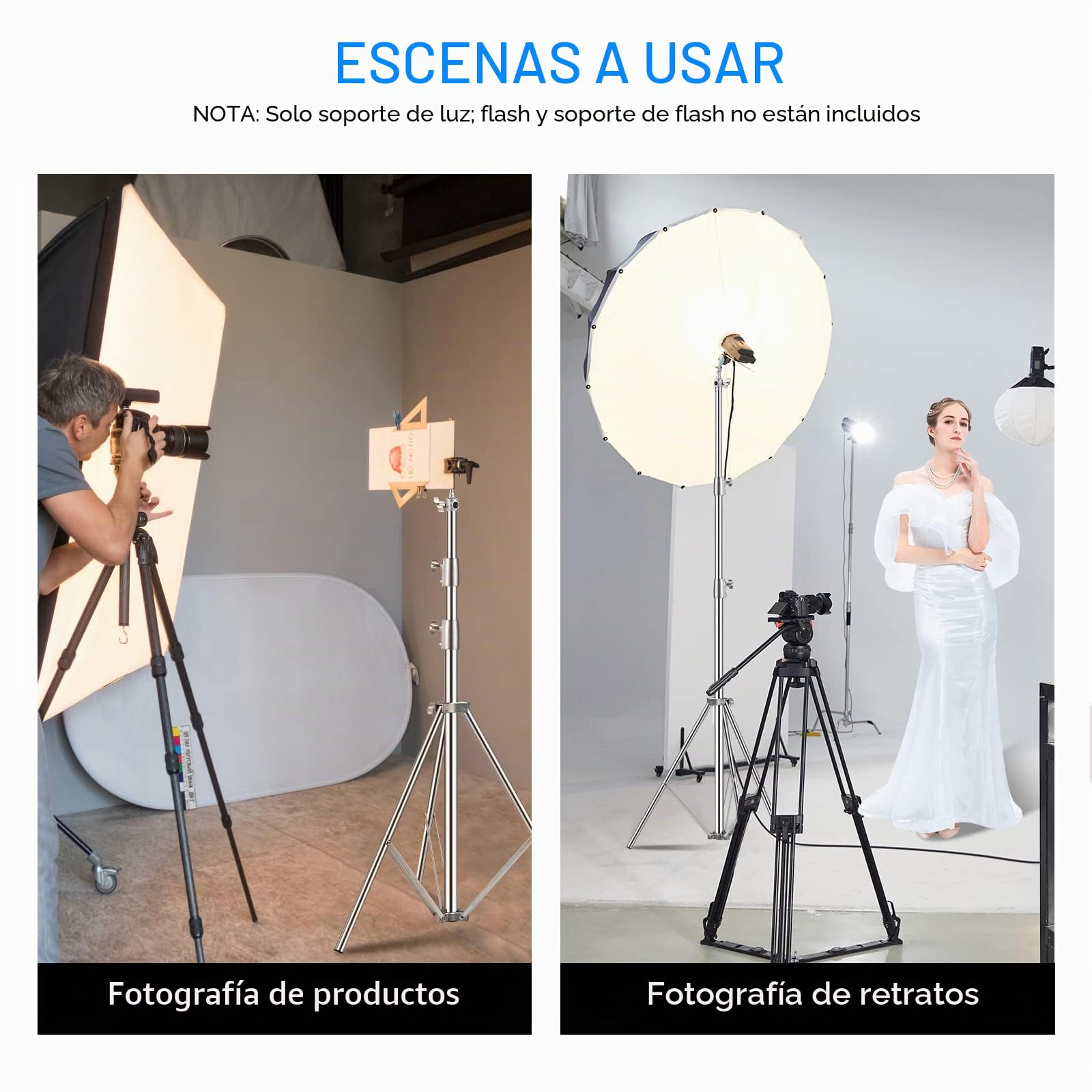 2,8 m Soporte de Luz de Acero Inoxidable, Soporte de Trípode Acolchado con Resorte de 1/4 "a 3/8" Adaptador Universal para Estudio de Fotografía Retrato