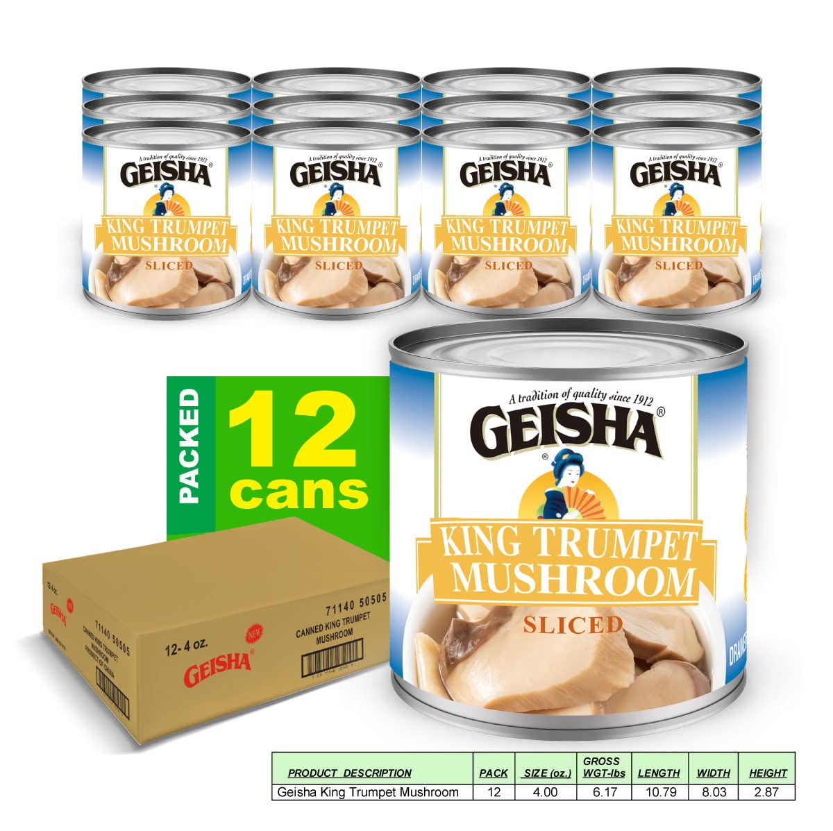 GEISHA King Trumpet Mushroom 4OZ. (Pack of 12), King Trumpet | Halal Certified － NON-GMO － Gluten Free－Good Source of Fiber－Only 25 Calories per Container