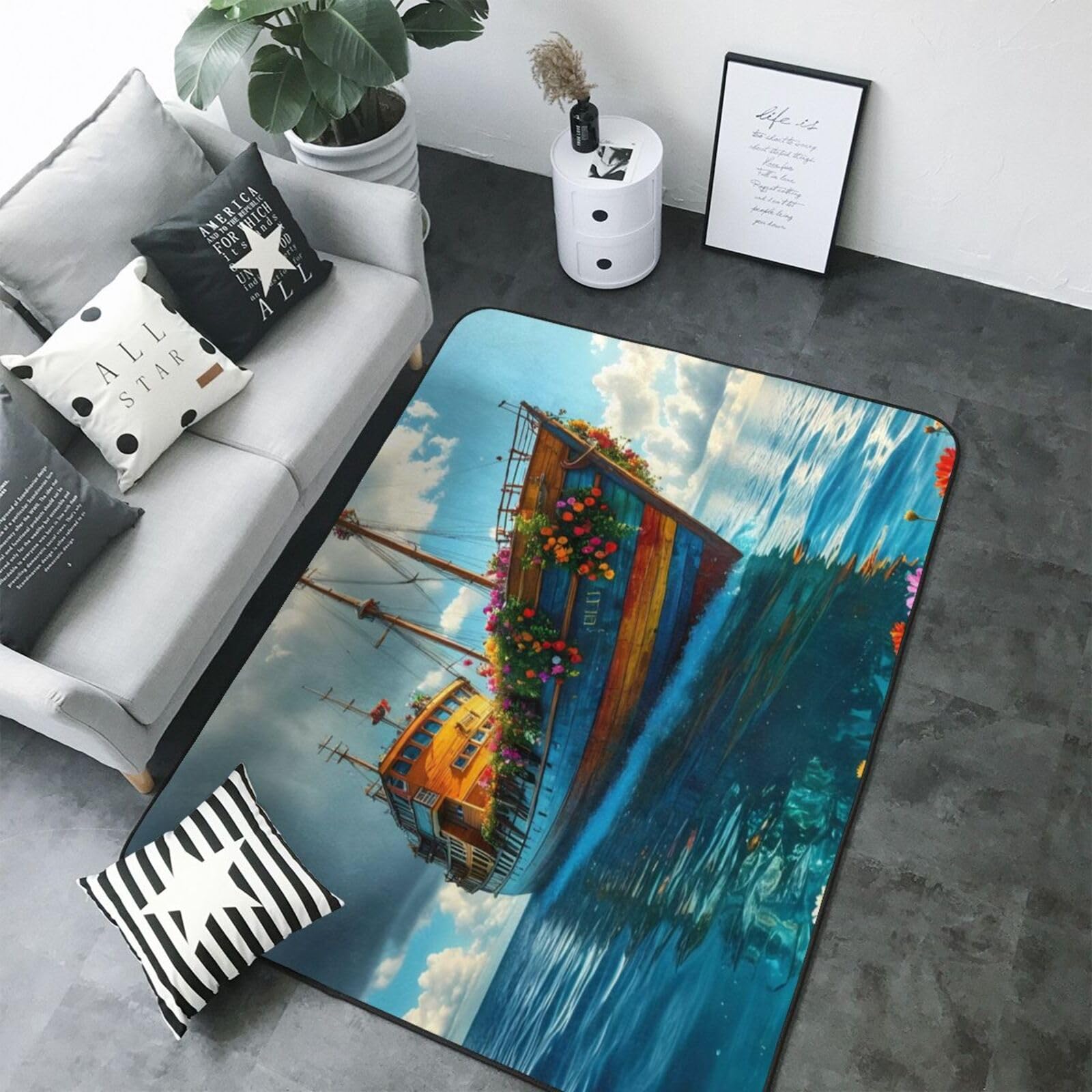 Tapis lavable doux anti-tache motif océan pour garder un salon propre et une chambre saine