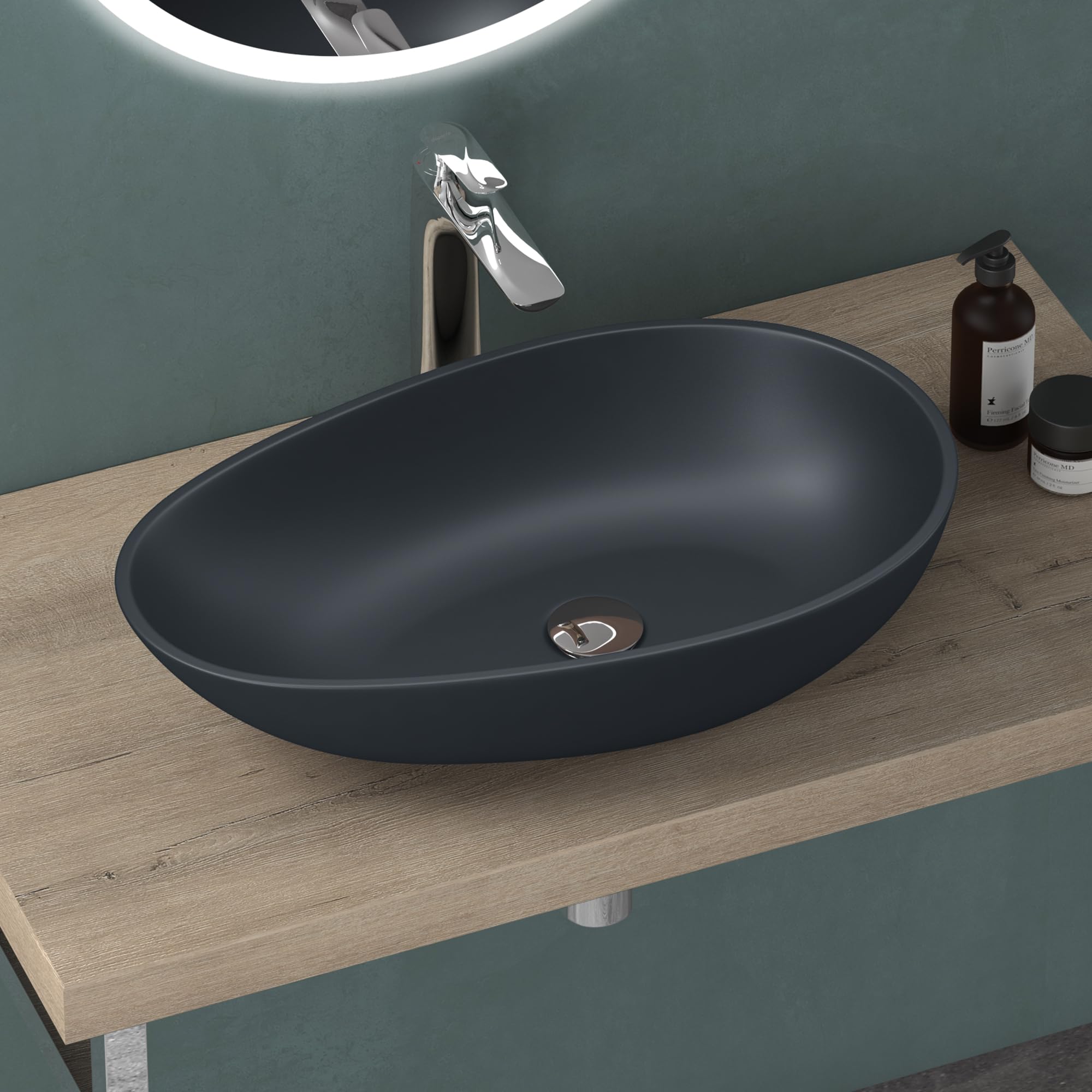Mai & Mai Bathroom Sink Basin | Cast Stone Resin Oval Matt Anthracite | Solid Surface Sink | WDH: 60x36x14cm Col809