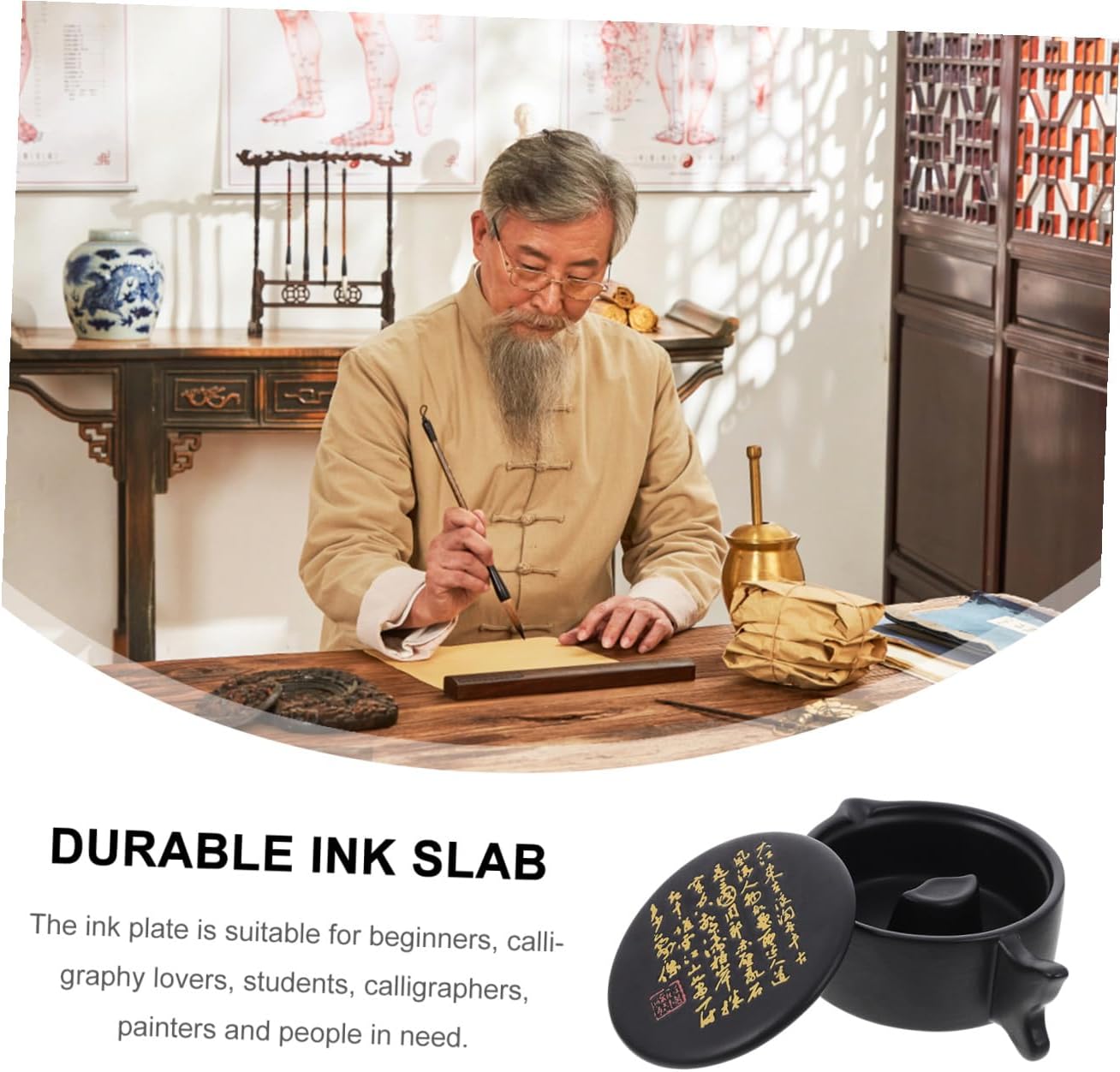 NUOBESTY Professional Chinese Calligraphy Inkstone Covered Inkstone for Students Fine Workmanship Simple Design Material Portable Writing Tool