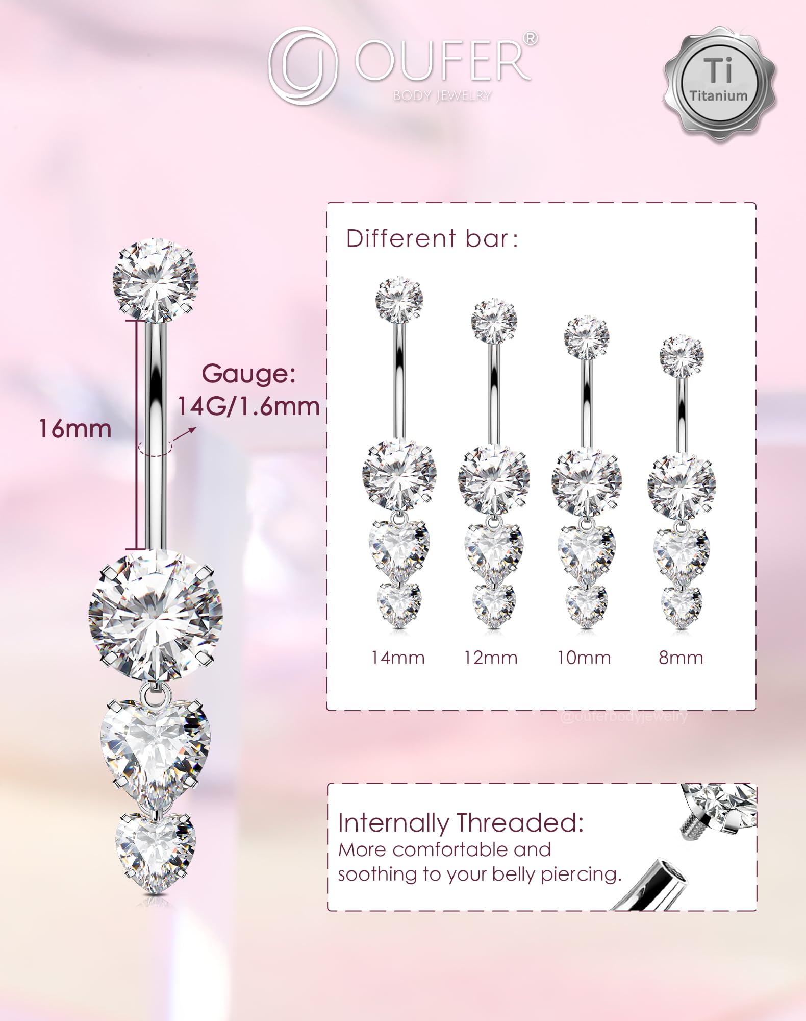 OUFER 14G Titanio G23 Piercing Ombelico Filettatura Interna Cuore Piercing Ombelico Anello Pendente 8/10/12/14/16 mm Belly Bar CZ Trasparente Piercing Ombelico Cerchio Donna