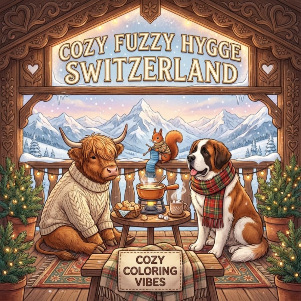 Cozy Fuzzy Hygge Switzerland: Easy Bold Line Design Animal Art Coloring Book | Winter Retreat, Mountain Cabins, Snowy Village & Swiss Cultural Travel ... Fuzzy Hygge World Travel for Stress Relief)