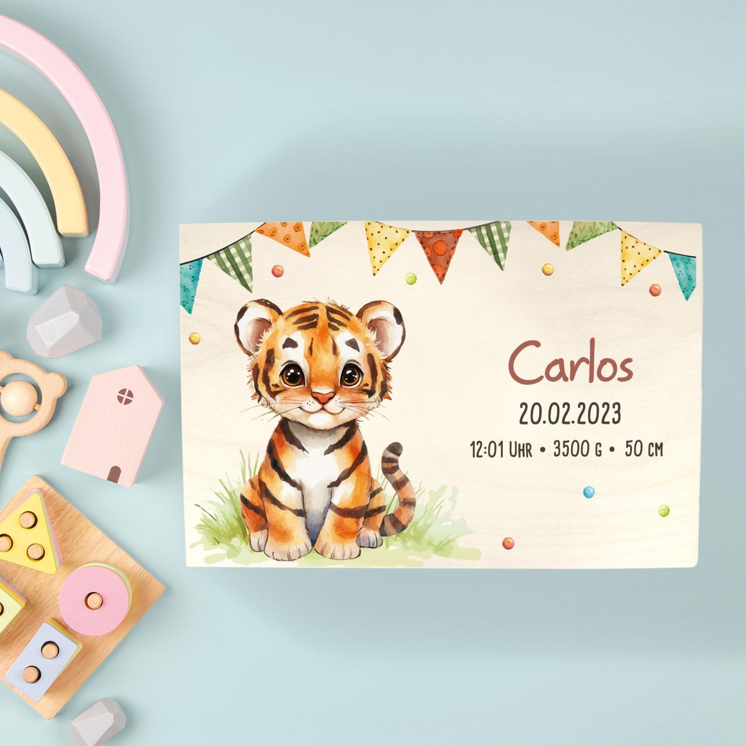 GRAVURZEILE Erinnerungskiste für Babys - Partytiere Tiger - Personalisiert mit Name & Datum - Holzkiste für Mädchen & Jungen - Geschenk für Baby zur Geburt - Erinnerungsbox für Neugeborene