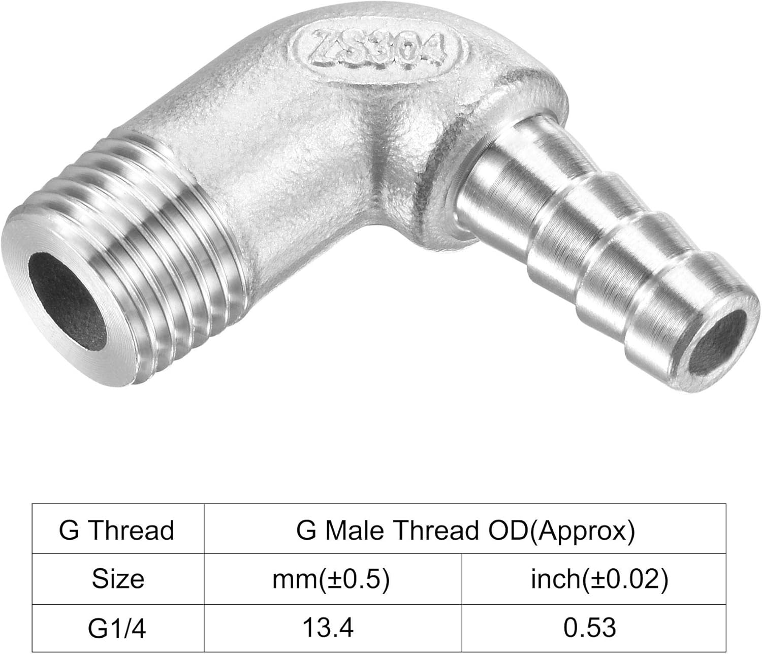 sourcing map 304 Stainless Steel Hose Barb Fitting Elbow, 8mm Barbed x G1/4 Male Pipe Connector Adapter for Water Fuel Air Pack of 2 - Image 5