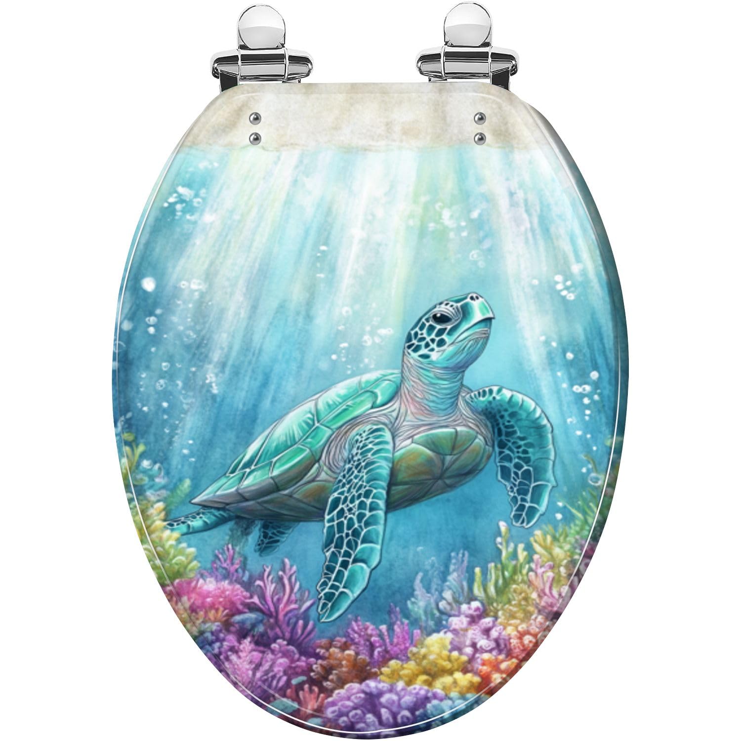 Elongated Resin Toilet Seat with Ocean Turtle Coral Scene, Quiet Close