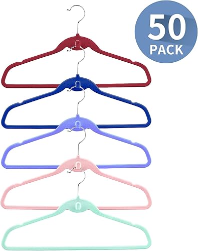 Miniatura 3 de Perchas de terciopelo multicolor de alta calidad con mini ganchos, paquete de 50 unidades, antideslizantes, perchas para ropa en cascada que ahorran