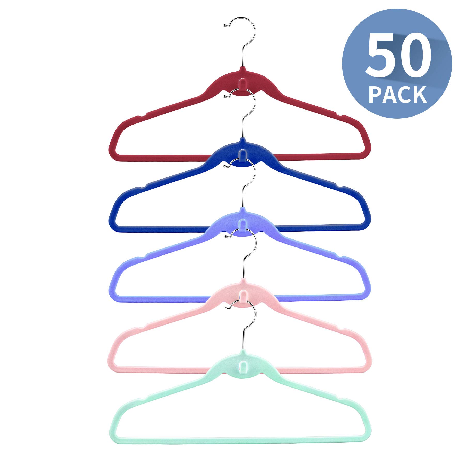 Mehrfarbige hochwertige Samt-Kleiderbügel mit Mini-Haken, 50 Stück, rutschfest, platzsparend, kaskadierende Kleider- und Anzugbügel, Pink, Lavendel, Marineblau, Rot, lebhaft, je 10 Stück