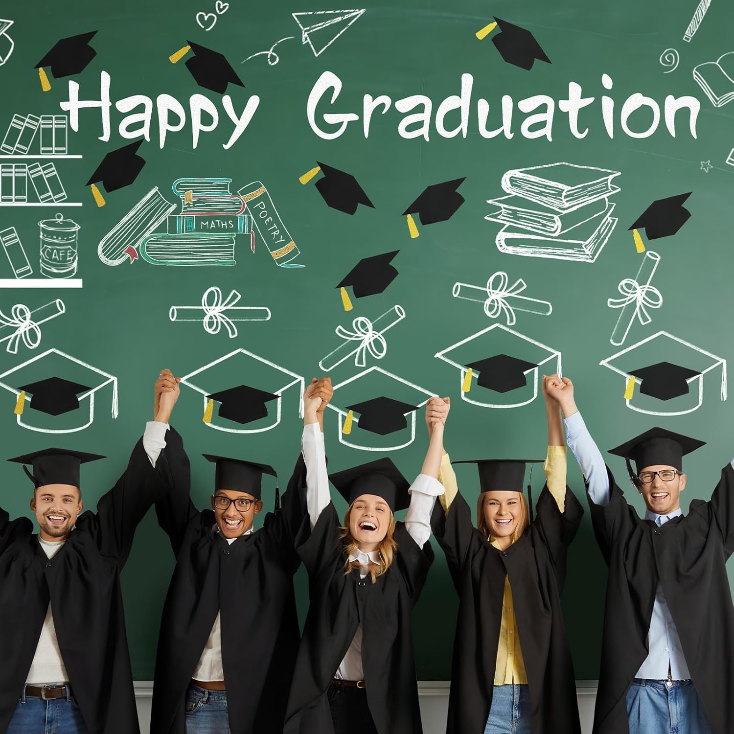 JUNEBRUSHS 60Pcs Grad Caps Cutouts, 5.7 Inches Double-Sided Black and Gold Graduation Hat Cut-Outs with 100 Adhesive Dots for High School College Graduation Party Supplies Table Decoration