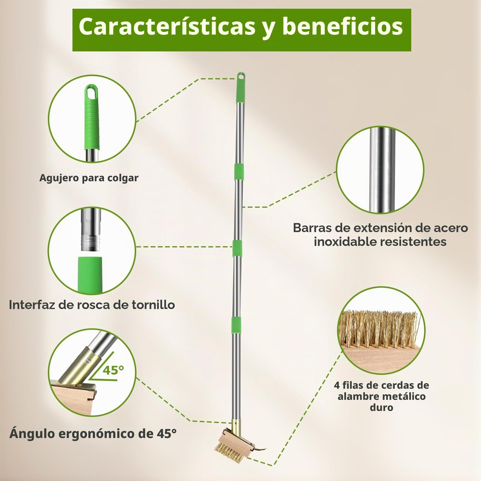 2 Piezas Cepillos de alambre para juntas 10cm Escoba metálica de jardín con 1 set mango telescópico 1,6m Escoba exterior para eliminar musgo, malas hierbas y suciedad en patio,terraza y jardín