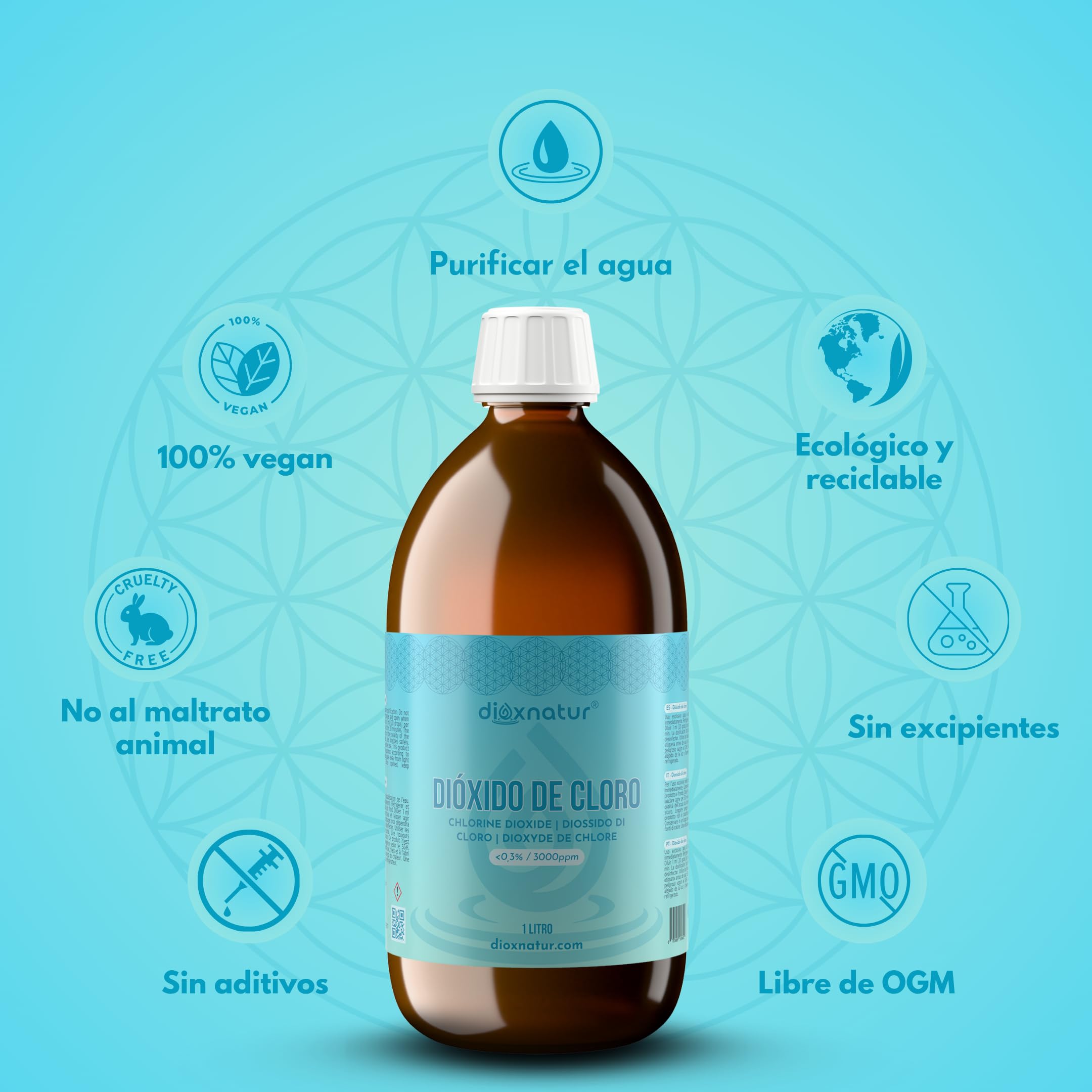 Dióxido de Cloro 3000 ppm 1 litro CDS 0.3% Botella de Vidrio Ámbar con Gotero y Jeringuilla