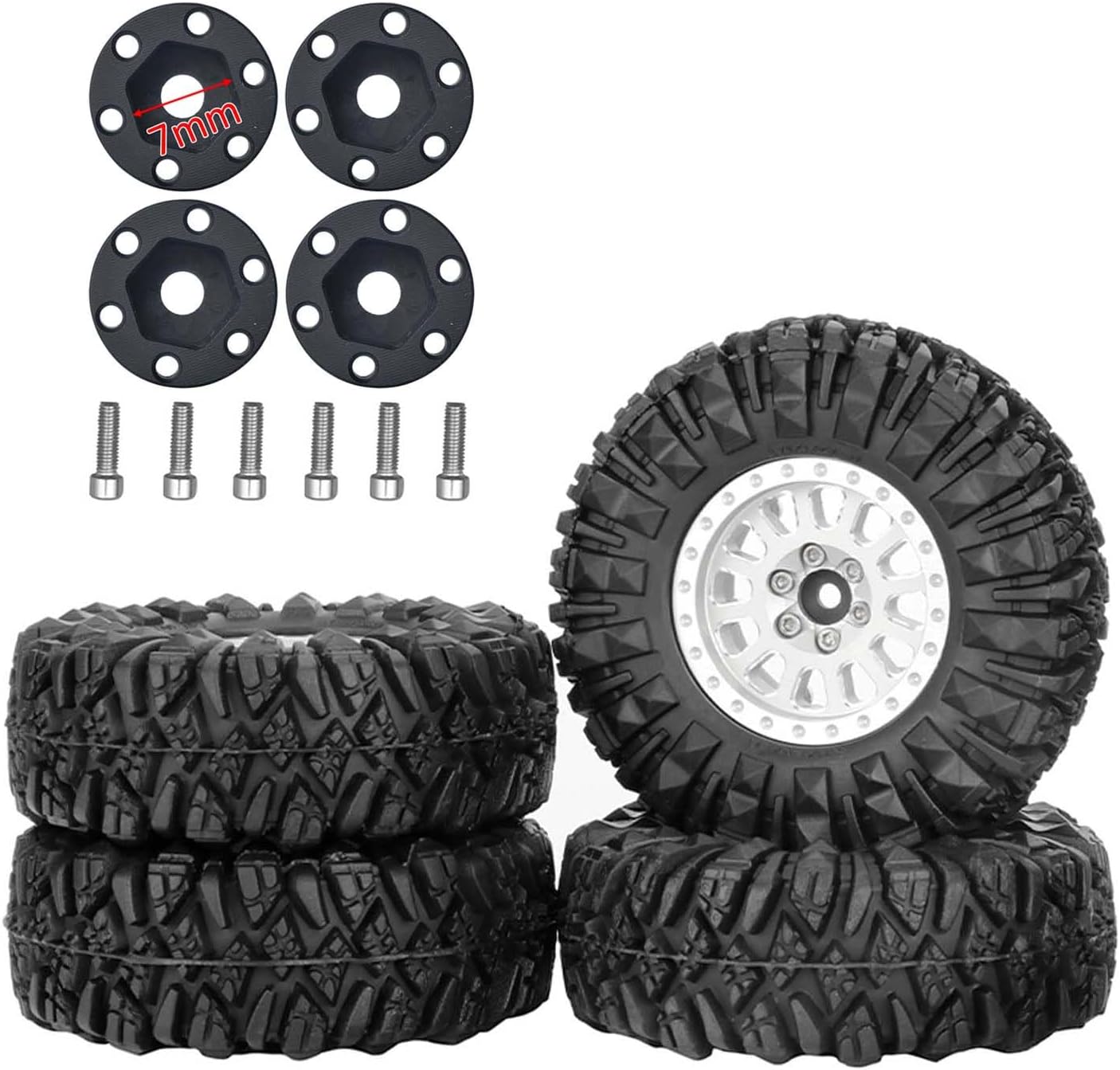 1.3” All-Terrain Tire and Wheel Set, Metal Beadlock 5mm & 7mm Hex Wheels for SCX24 TRX4M 1/12 1/14 1/18 1/24 RC Crawler Car (D, Silver)