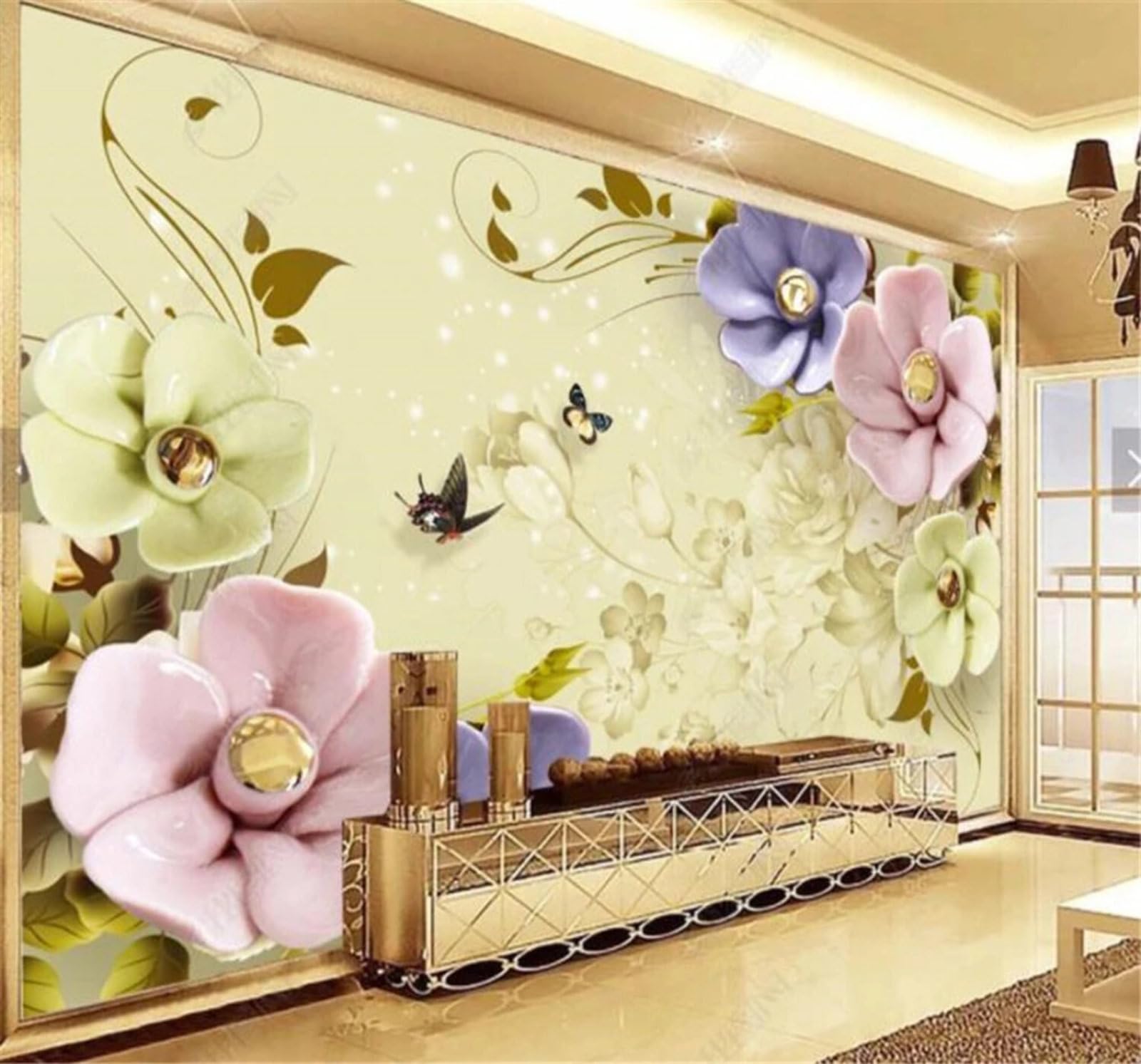 Wallpaper-3D-Xlm 400Cm×280Cm(B×H) Three Dimensional Relief Coloured Flowers And Butterflies 3D Wallpaper Easy Install Feature Office Living Room Sofa Bedroom Tv Background Wall Decoration-400Cm×280Cm