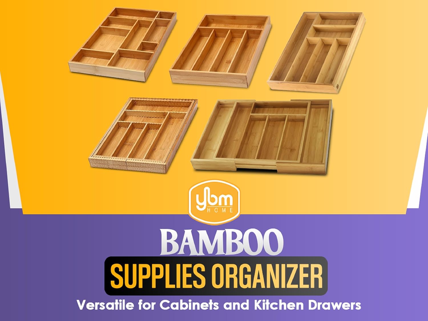 YBM Home Bamboo Cutlery Tray Flatware Silverware Drawer Organizer with 5 Compartments, 338