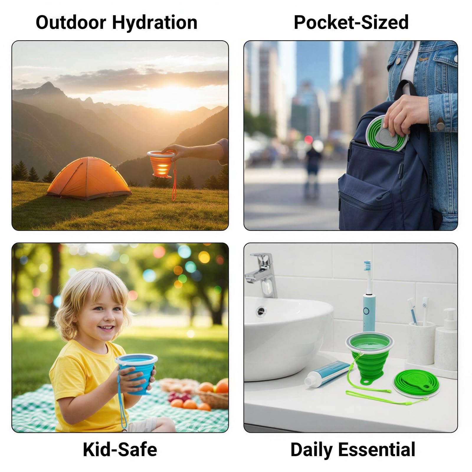 4 gobelets pliables en silicone, avec couvercles, gobelet portable, mugs de voyage extensibles de poche pour voyage, camping, rinçage buccal, gris, vert, orange, bleu